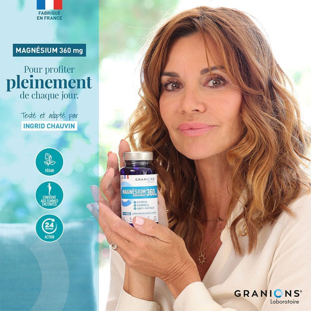 Une femme tient un flacon de Magnésium 360 mg de Granions Laboratoire.