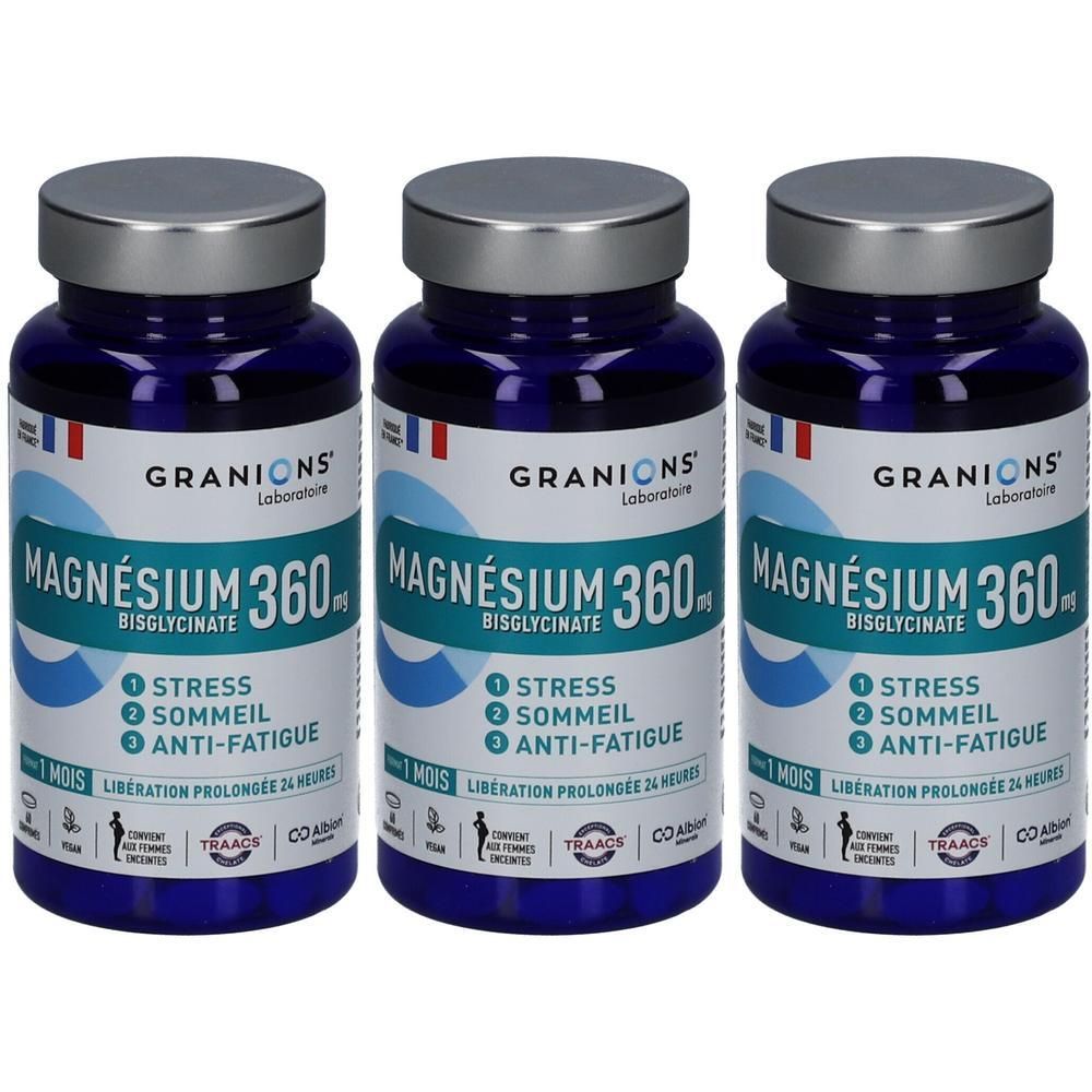 Trois flacons de GRANIONS Magnésium 360 mg avec bouchons argentés. Flacons bleus avec étiquettes blanches et turquoise.