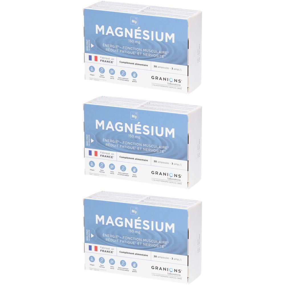 Trois boîtes de Granions Magnésium 150 mg, complément alimentaire.