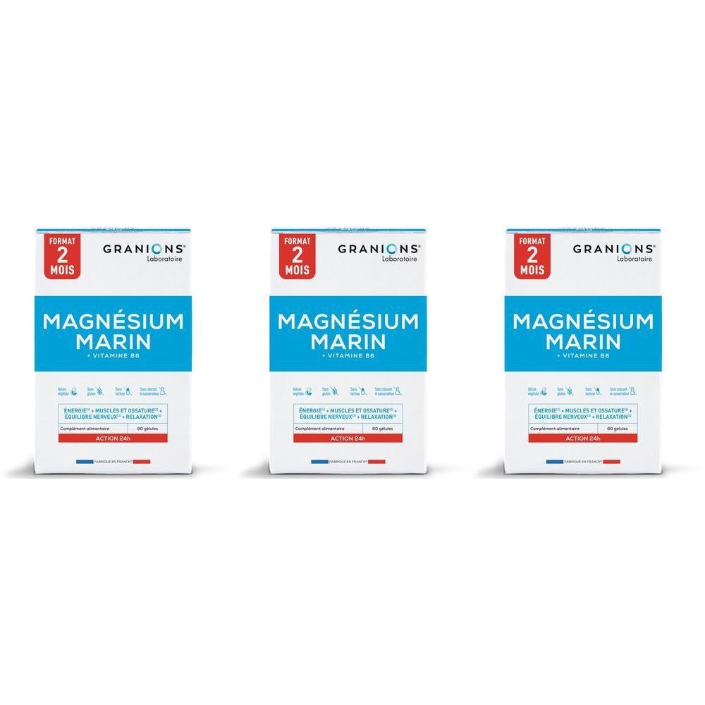 Trois boîtes de Granions Magnésium Marin 300 mg côte à côte.