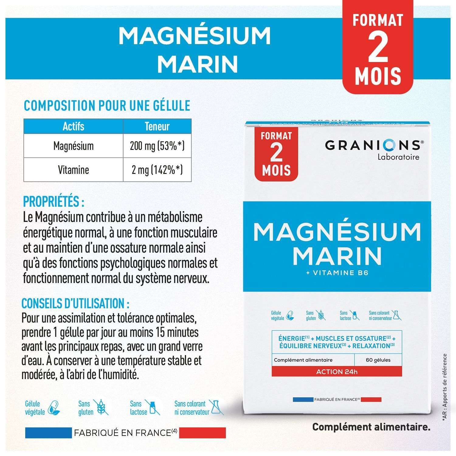 Boîte de Granions Magnésium Marin 300 mg avec détails nutritionnels et propriétés.