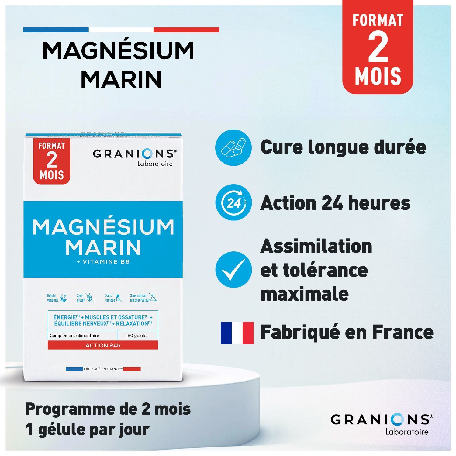 Boîte de Granions Magnésium Marin 300 mg mettant en avant la cure longue durée et la fabrication française.