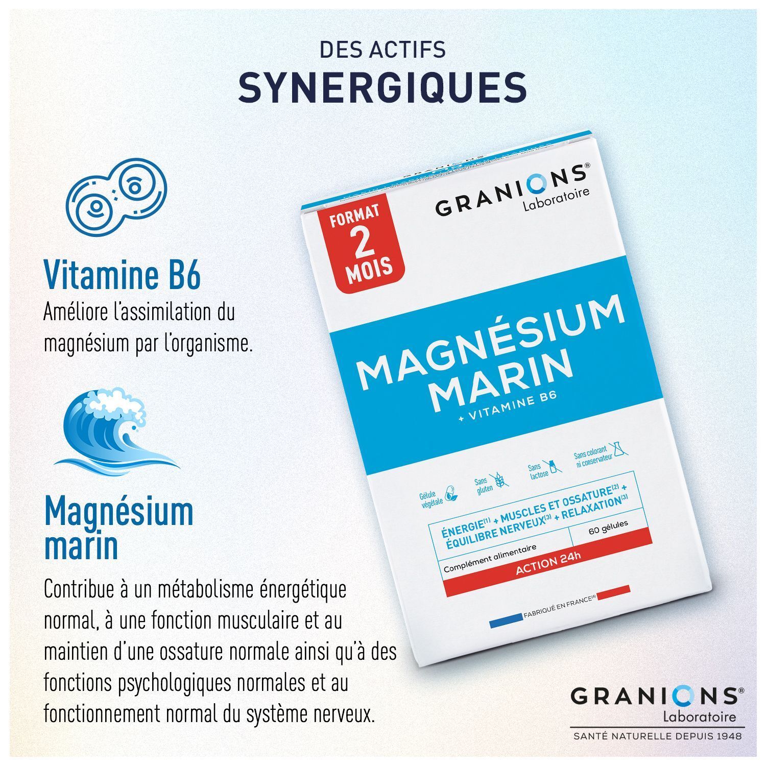 Boîte de Granions Magnésium Marin 300 mg expliquant les actifs synergiques Vitamine B6 et Magnésium Marin.