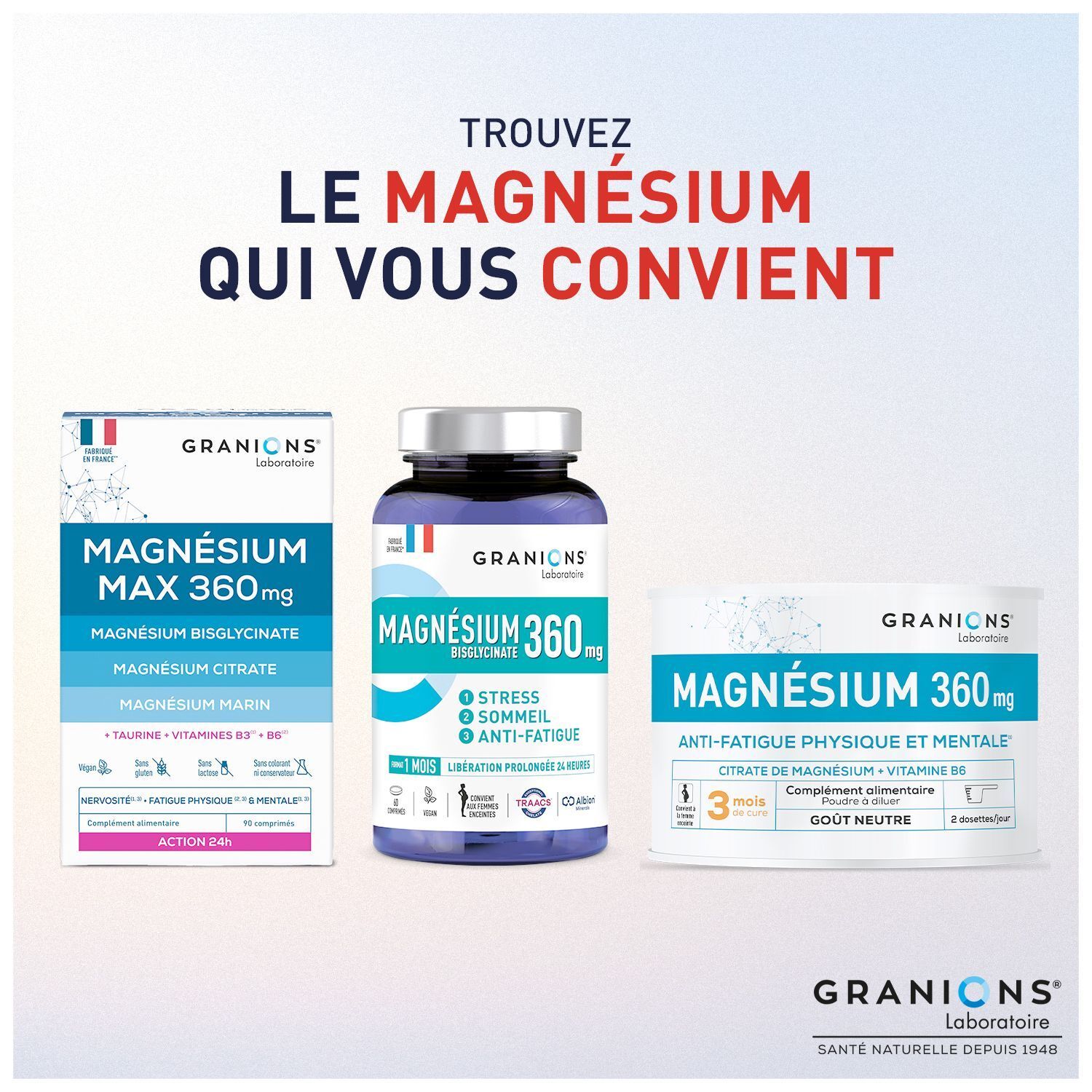 Trois produits Granions Magnésium différents : boîte, flacon et pot.