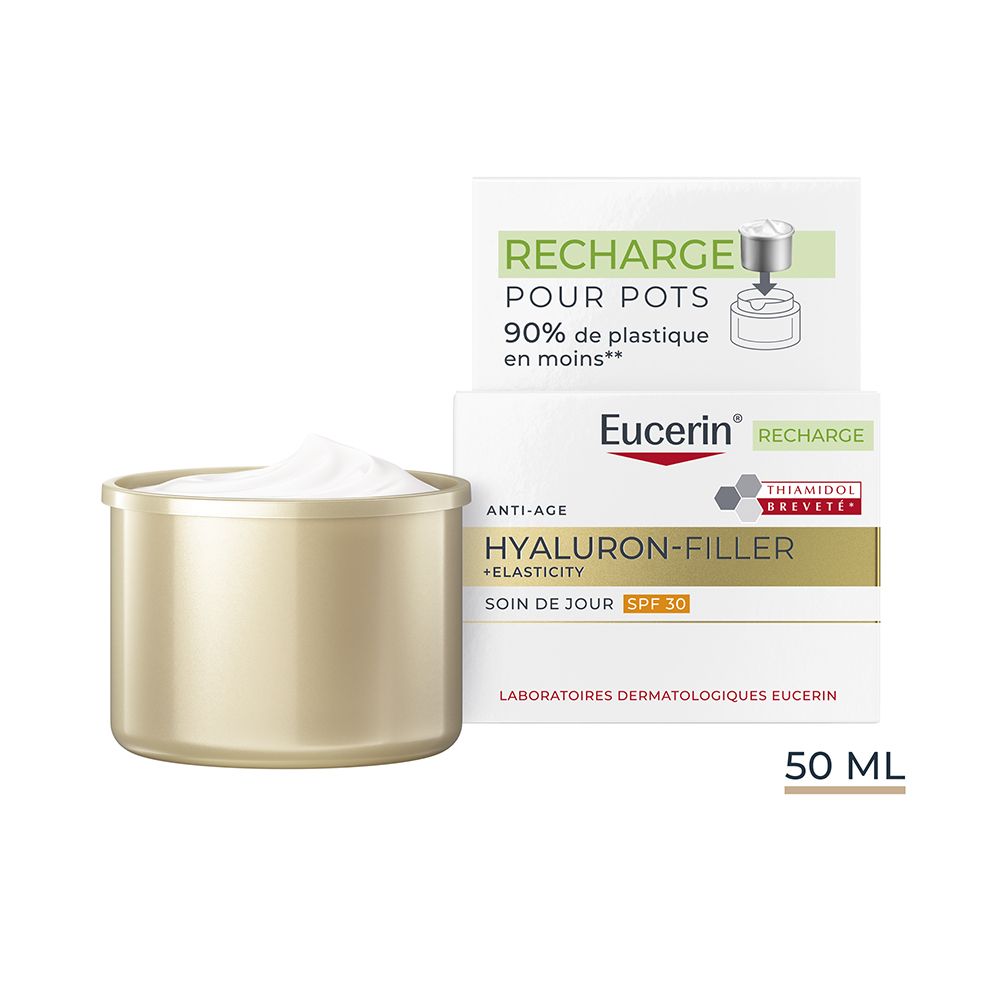 Eucerin Hyaluron-Filler + Elasticity Soin de Jour SPF 30, pot et emballage extérieur, 50 ml.