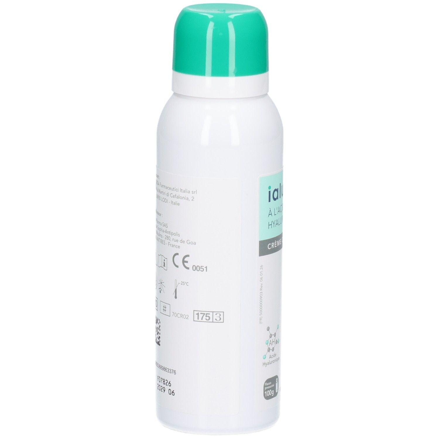 Ialuset crème acide hyaluronique 0,2%, verso avec marquage CE et numéro de lot.