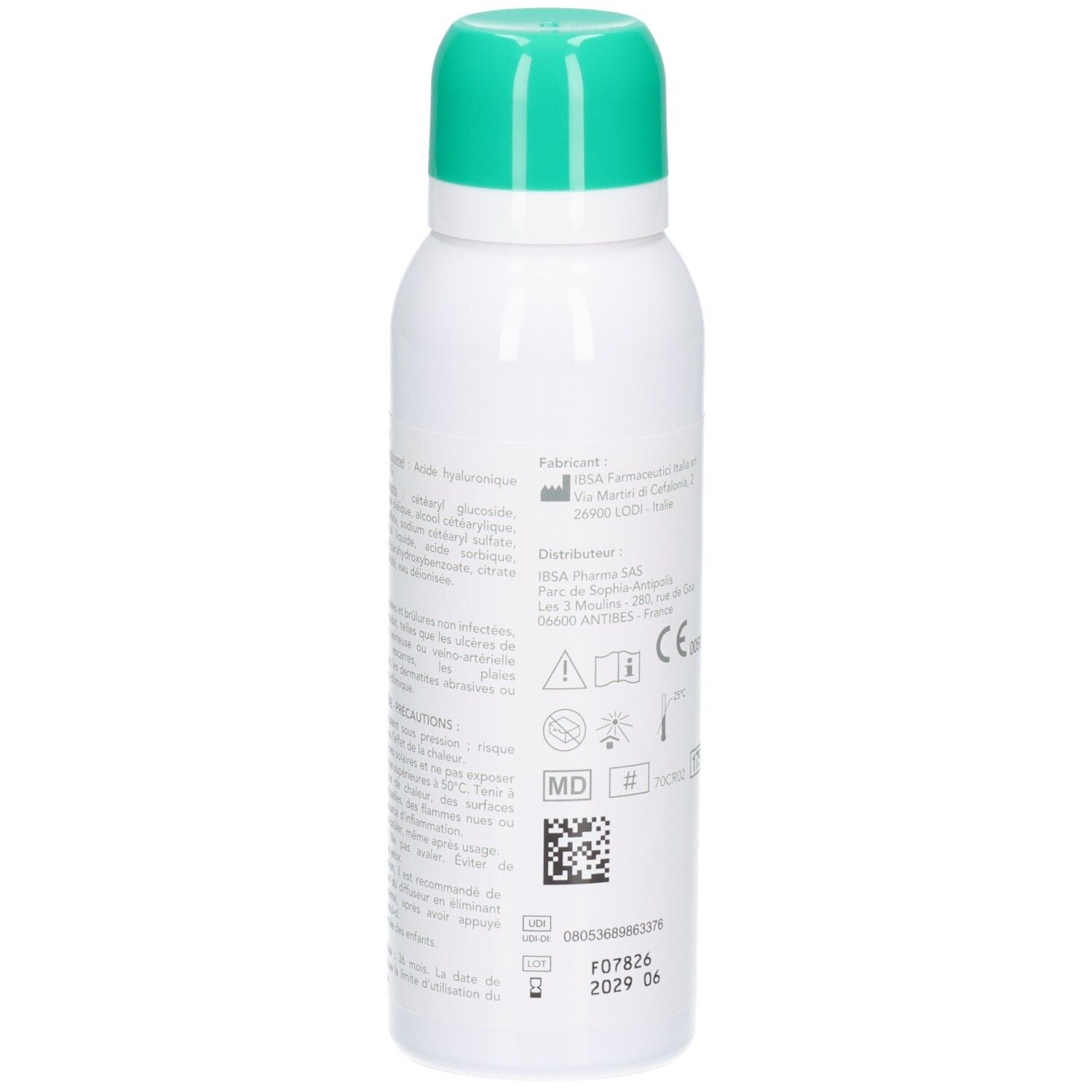 Ialuset crème acide hyaluronique 0,2%, verso avec informations fabricant et marquage CE.