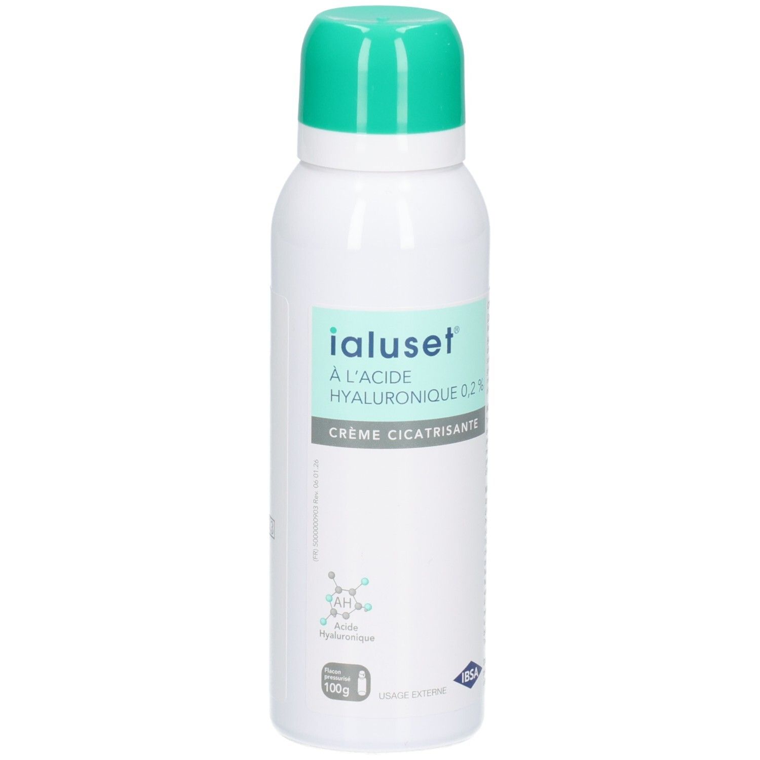 Ialuset crème acide hyaluronique 0,2%, 100g, face avant avec informations produit.