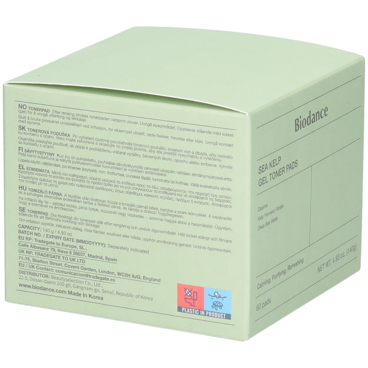 Arrière de l'emballage Biodance Sea Kelp Gel Toner Pads avec informations multilingues.