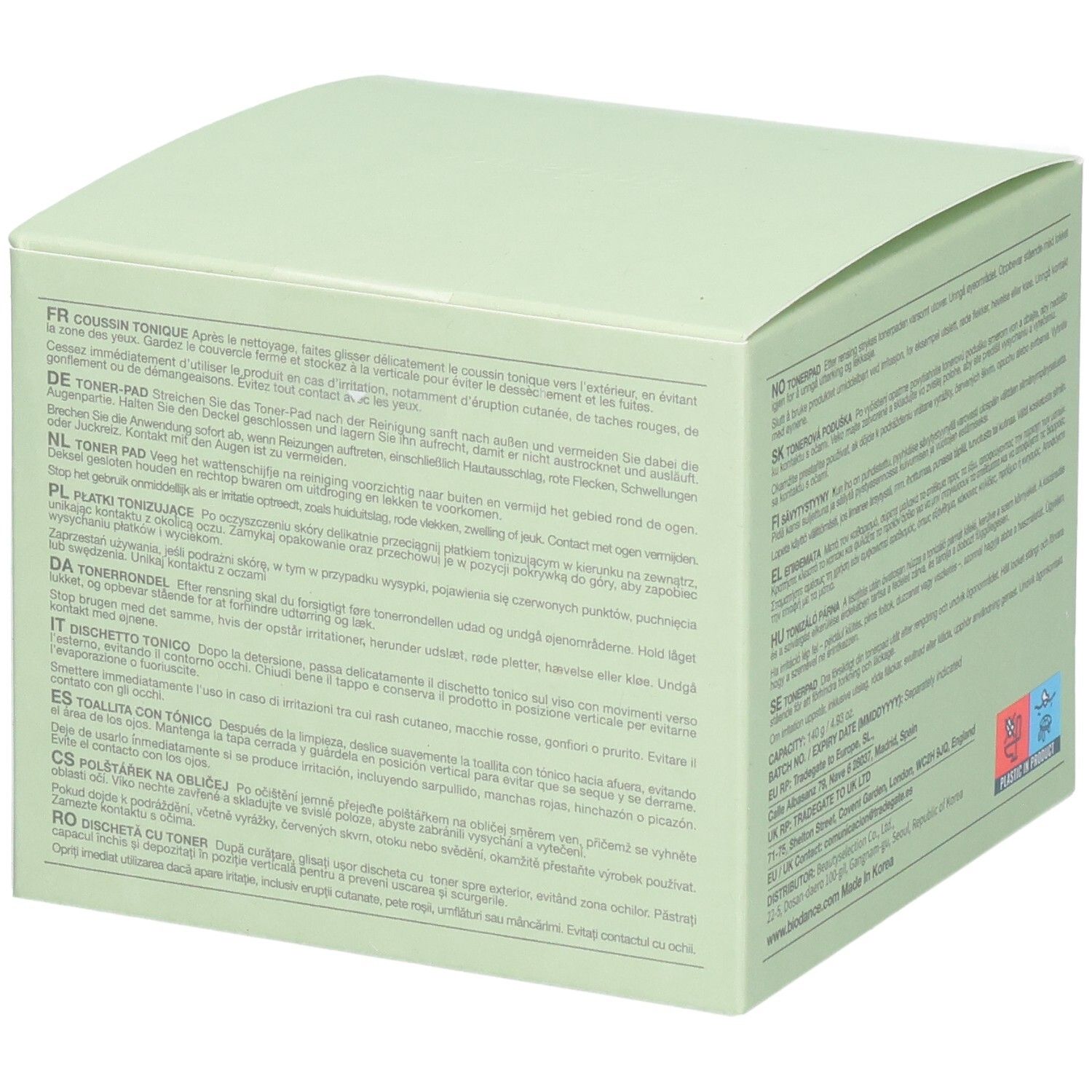 Vue latérale de l'emballage Biodance Sea Kelp Gel Toner Pads avec instructions d'utilisation.