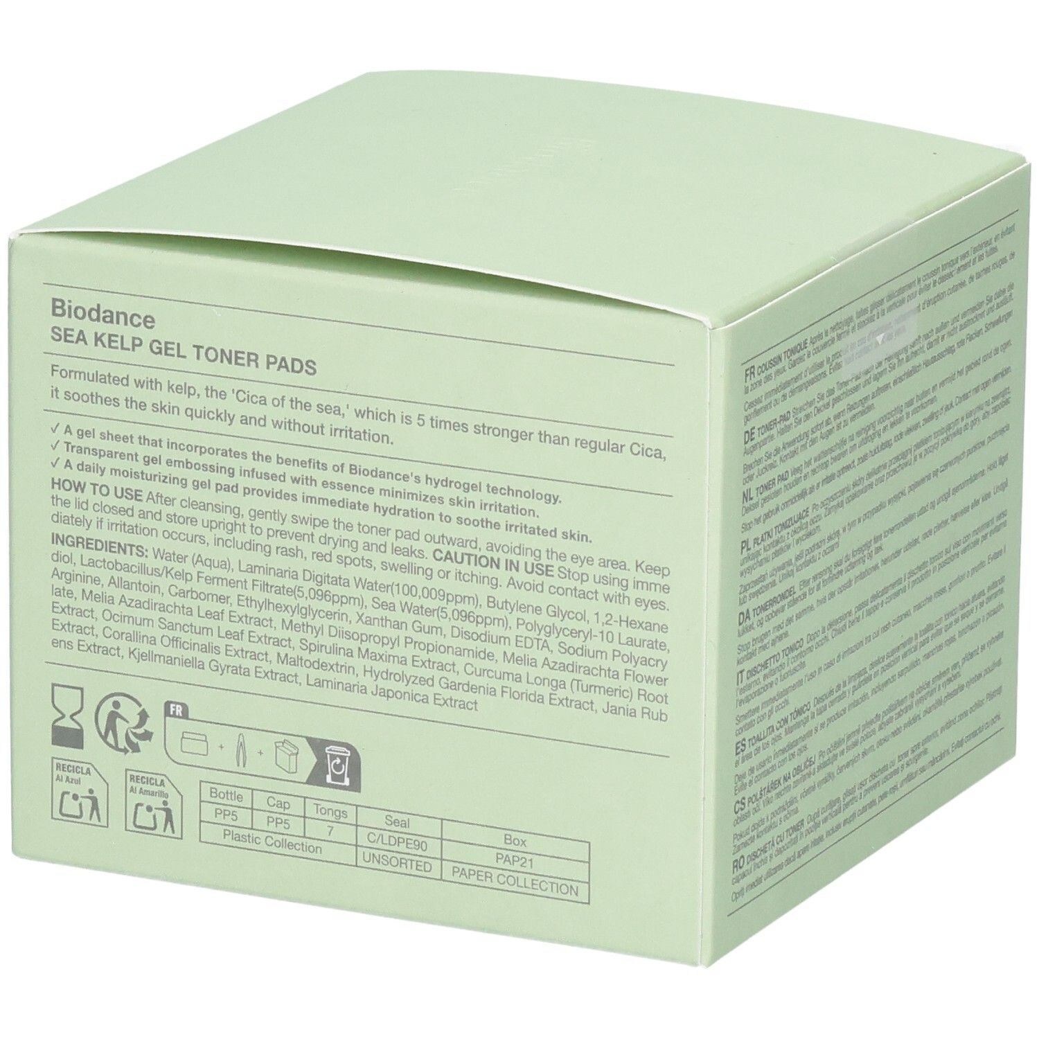 Vue détaillée de l'emballage Biodance Sea Kelp Gel Toner Pads avec ingrédients.
