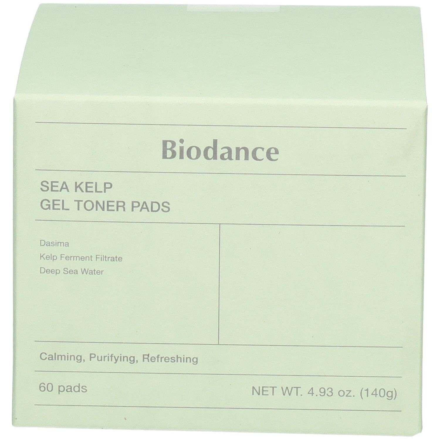 Avant de l'emballage Biodance Sea Kelp Gel Toner Pads avec nom du produit.