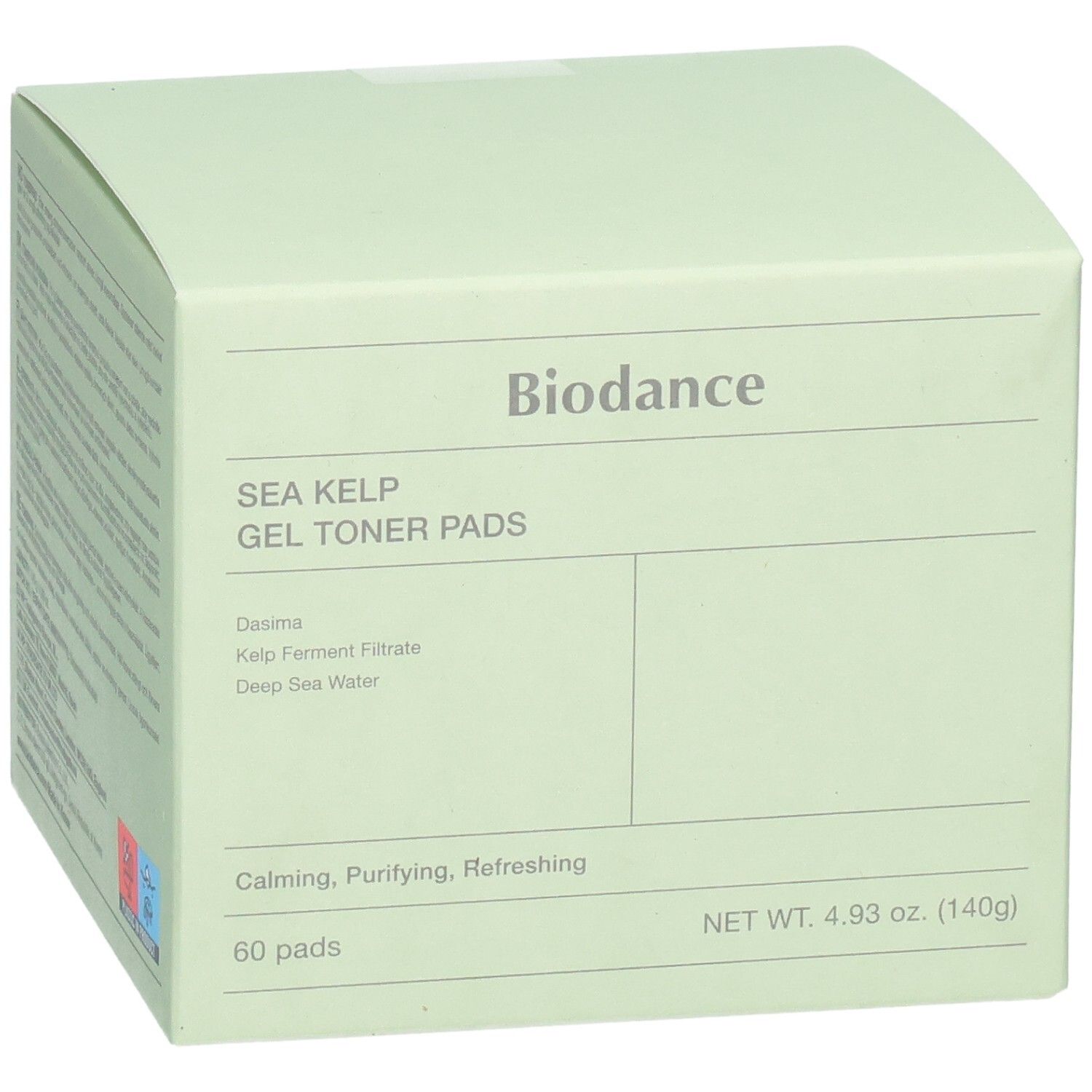 Vue en perspective de l'emballage Biodance Sea Kelp Gel Toner Pads, 60 tampons.