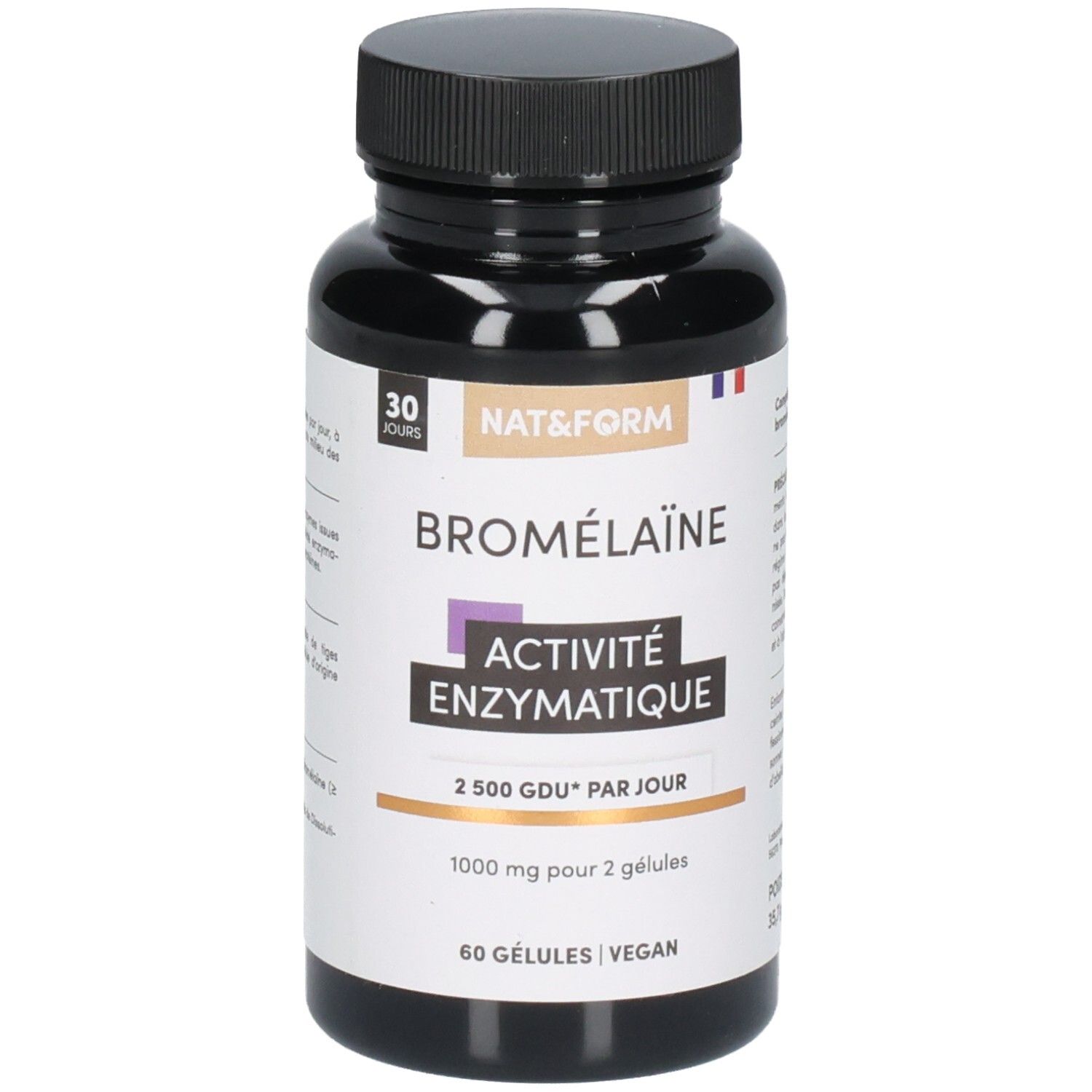 Flacon noir de 60 gélules de bromélaïne, végan.