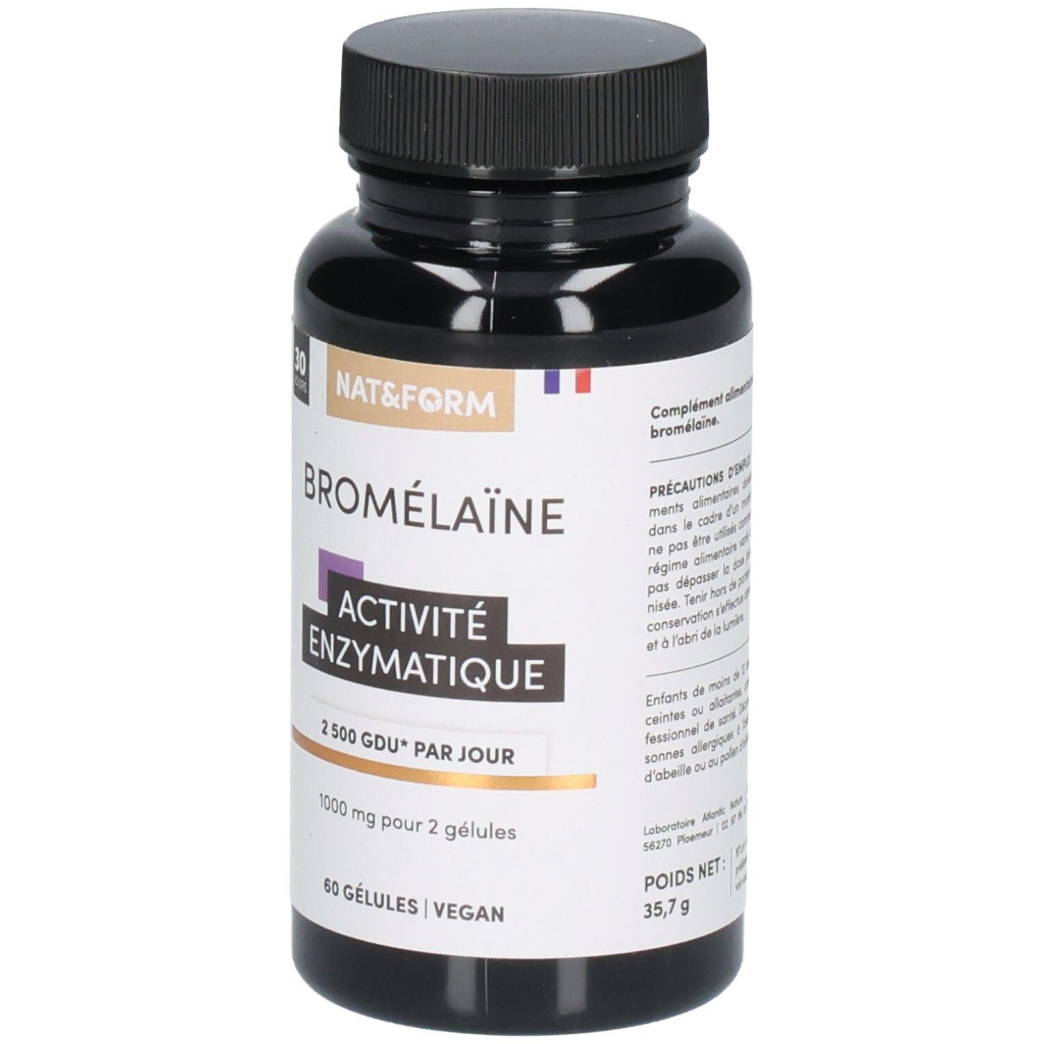 Avant d'un flacon de bromélaïne, avec nom de marque et indication d'activité enzymatique.
