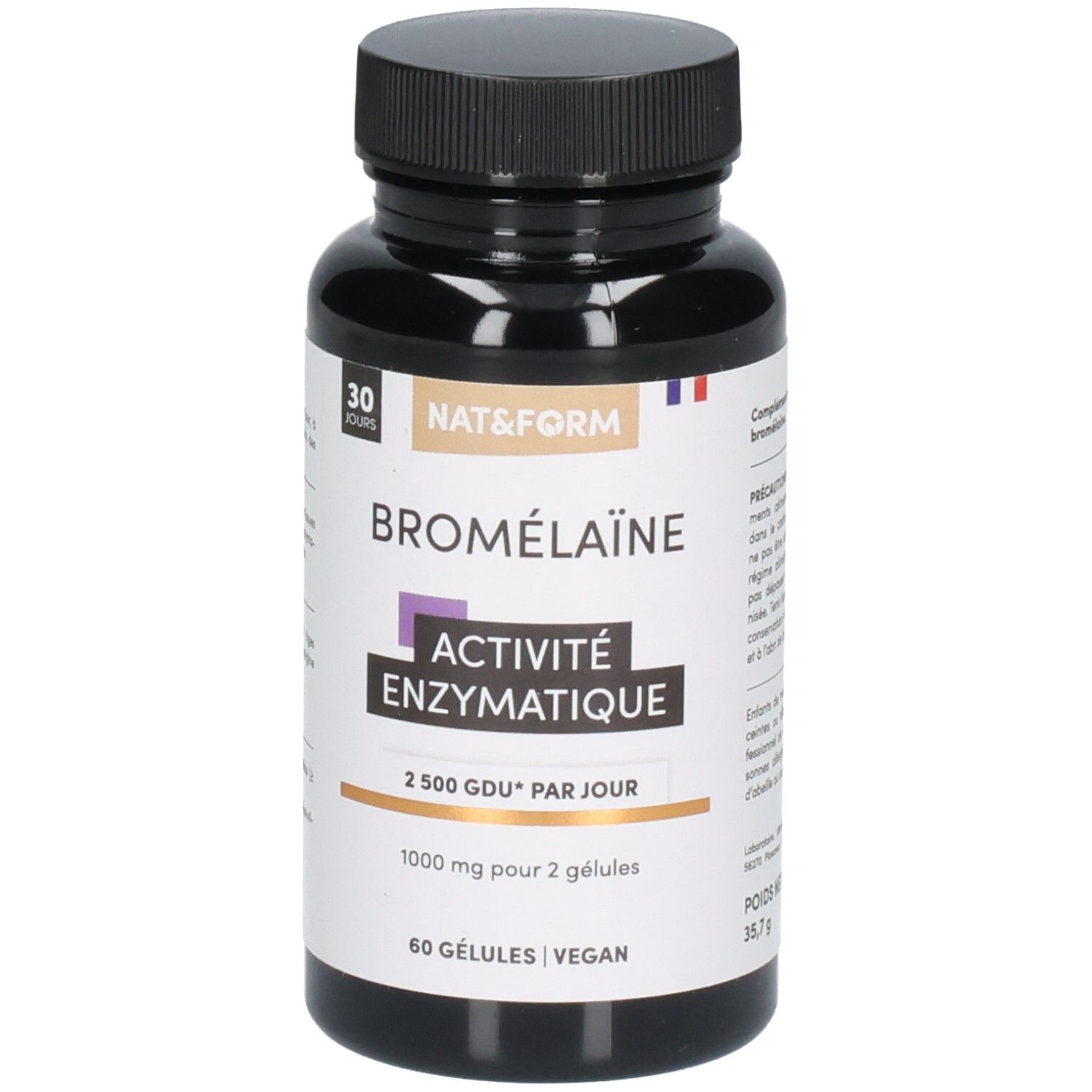 Vue de face d'un flacon de bromélaïne, 60 gélules, végan, avec détails de la marque.