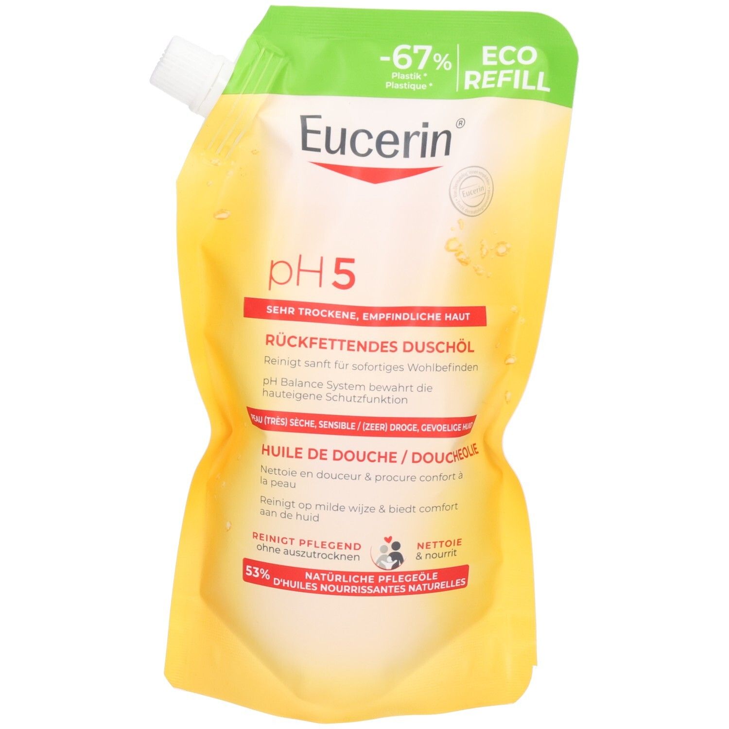 Eucerin pH5 Eco-Recharge Huile de Douche, recharge écologique avec bouchon à vis. Pour peaux très sèches et sensibles.