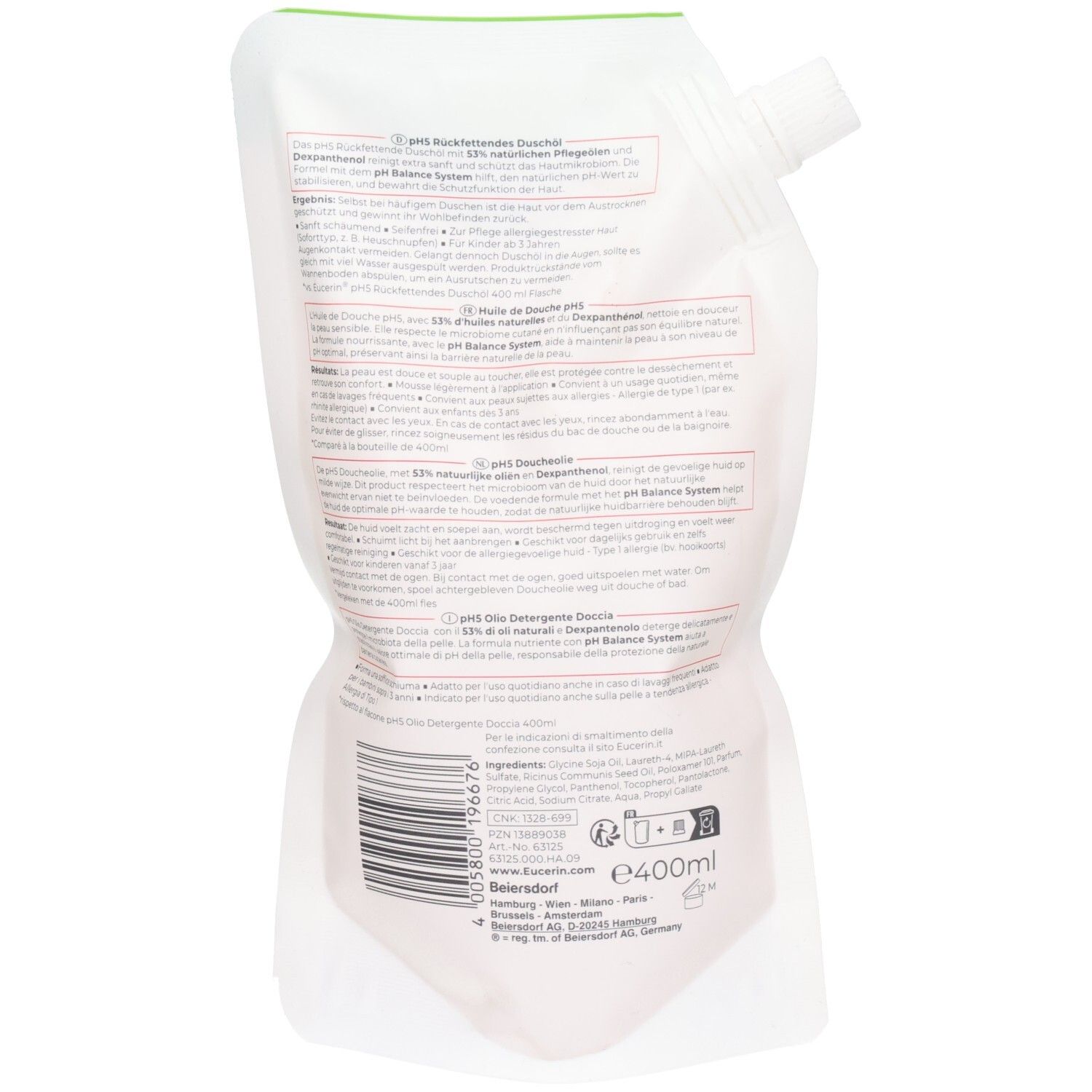 Dos d'une recharge Eucerin pH5 Huile de Douche Eco-Recharge avec informations produit et code-barres. 400ml.