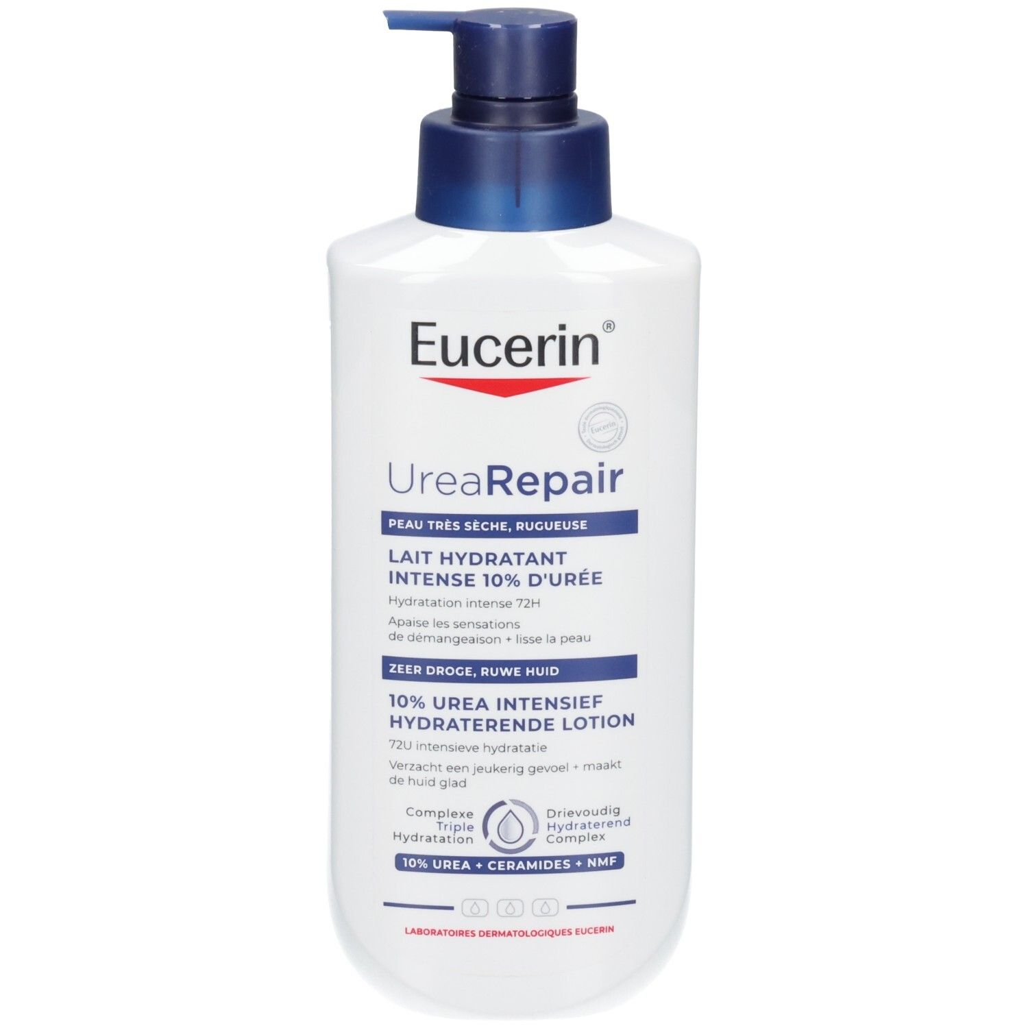 Eucerin UreaRepair Lait Hydratant Intense 10% Urée, flacon blanc avec pompe.