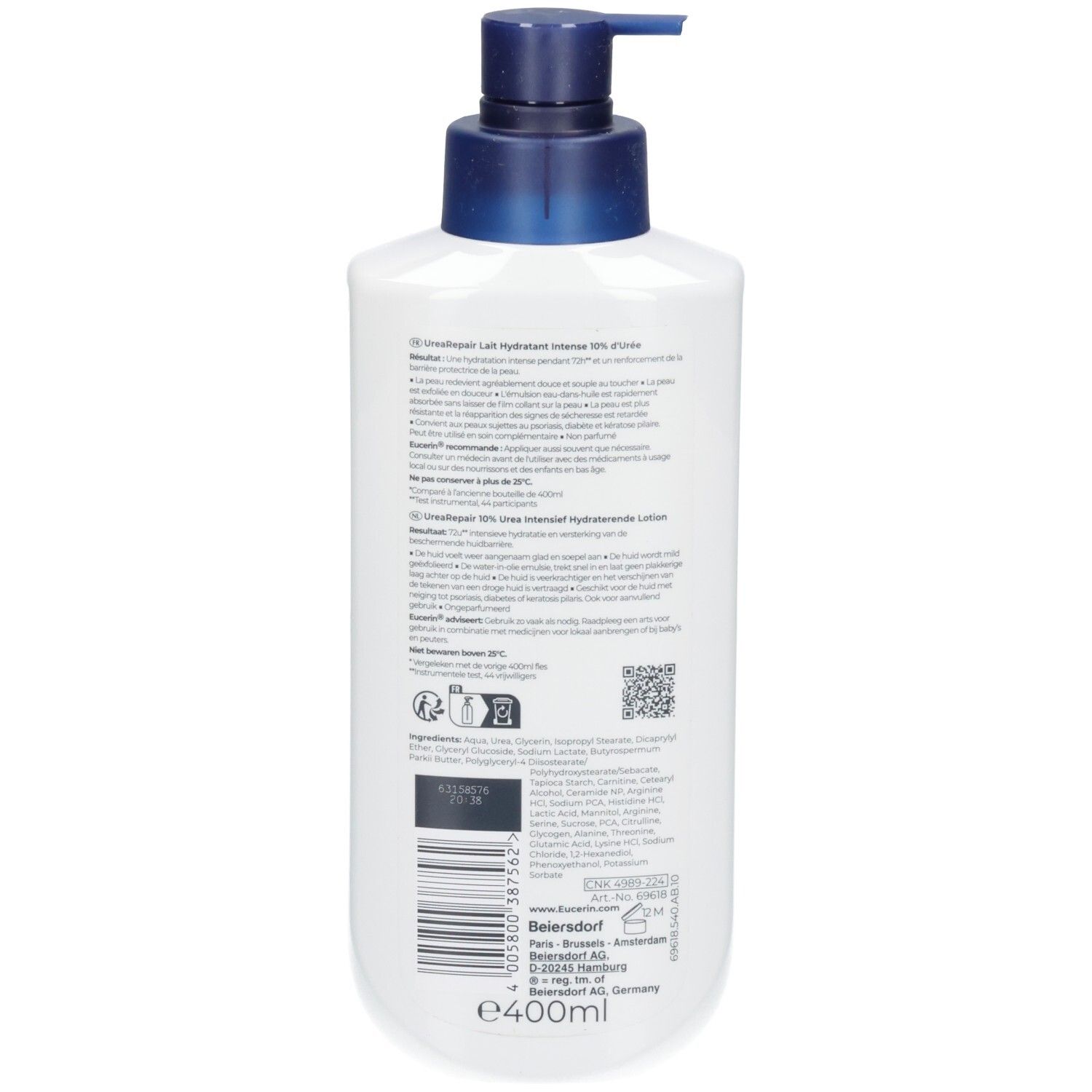 Arrière du flacon Eucerin UreaRepair Lait Hydratant Intense 10% Urée avec ingrédients et code-barres.