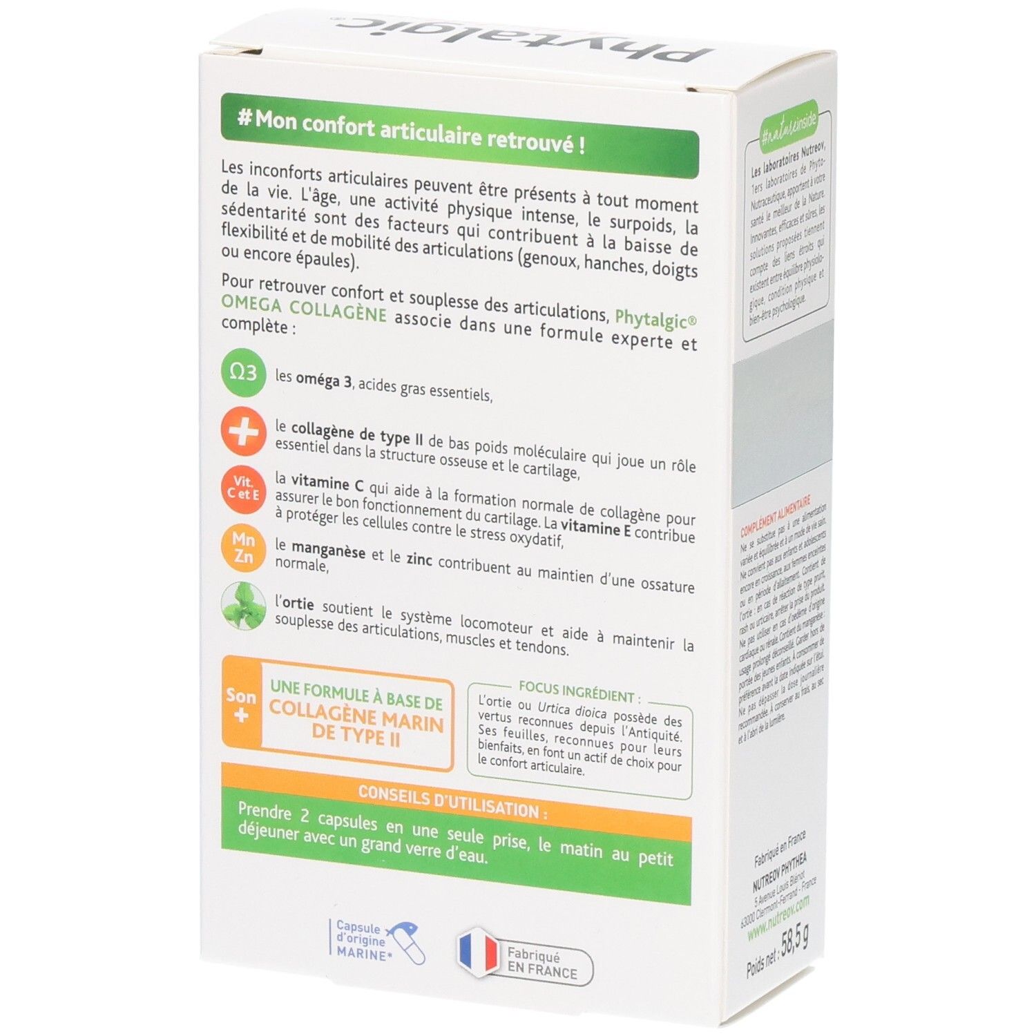 Vue latérale de la boîte Phytalgic Omega Collag avec ingrédients.