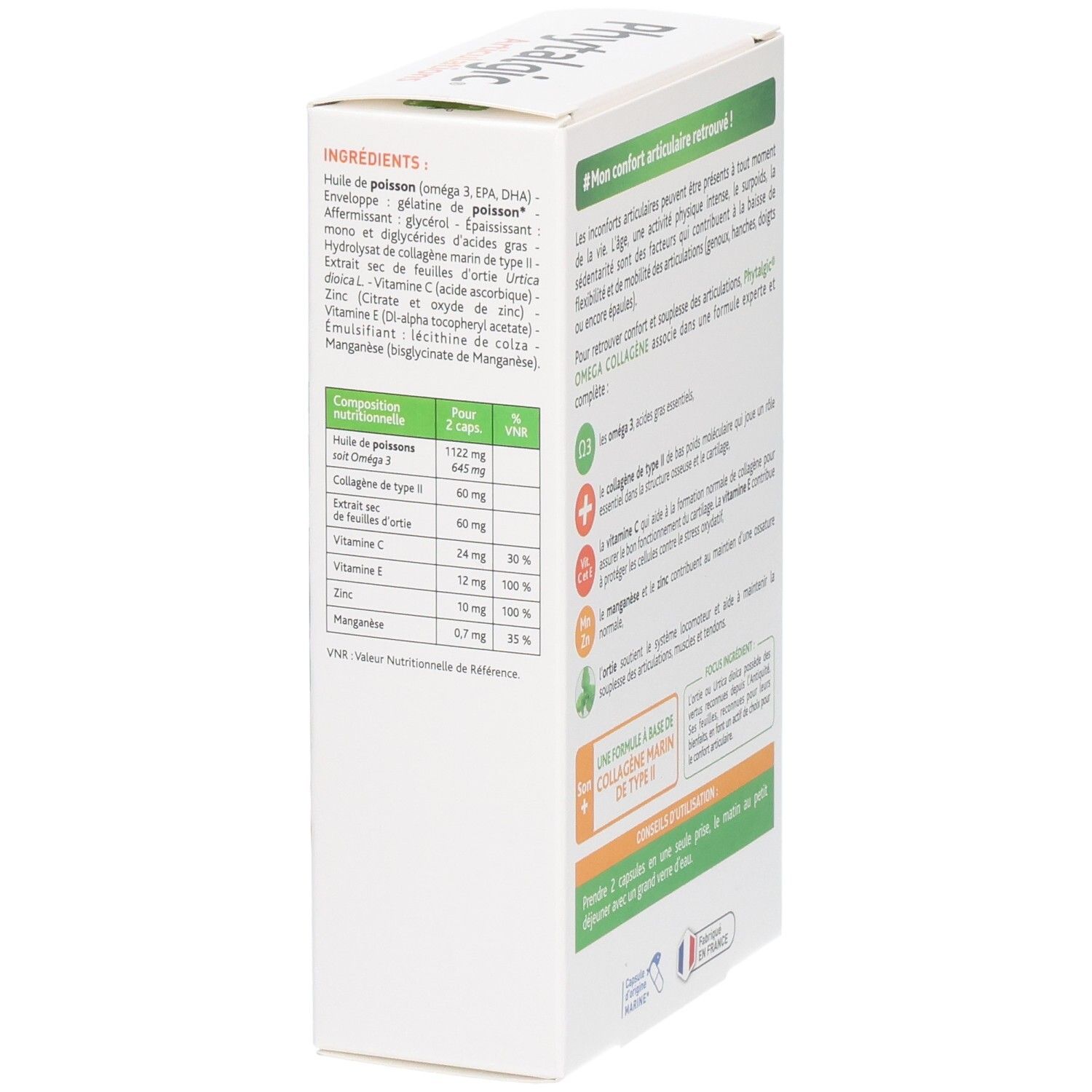 Vue latérale de la boîte Phytalgic Omega Collag avec informations nutritionnelles.