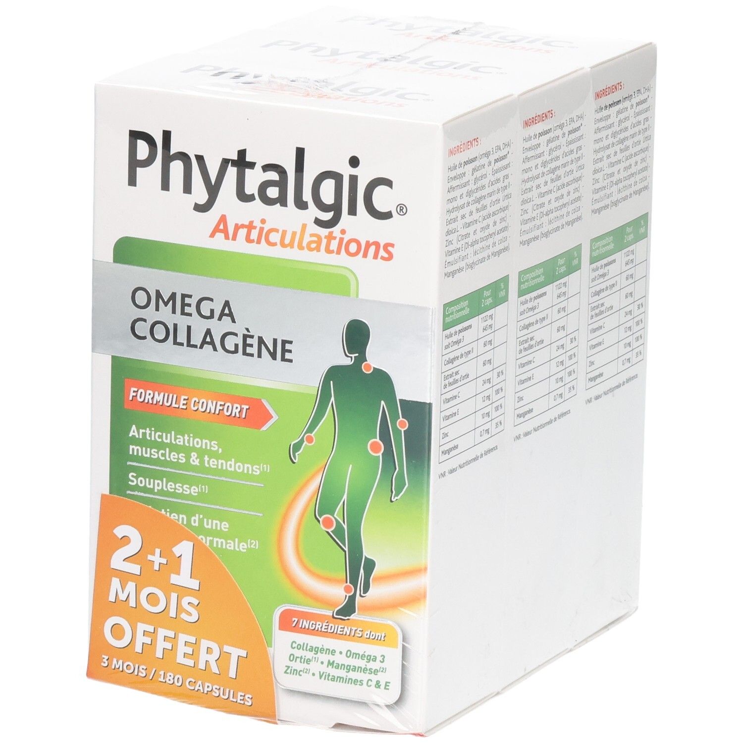 Phytalgic Omega Collagène Tripack : Boîte de 3 mois, 180 gélules. Pour articulations, muscles et tendons.