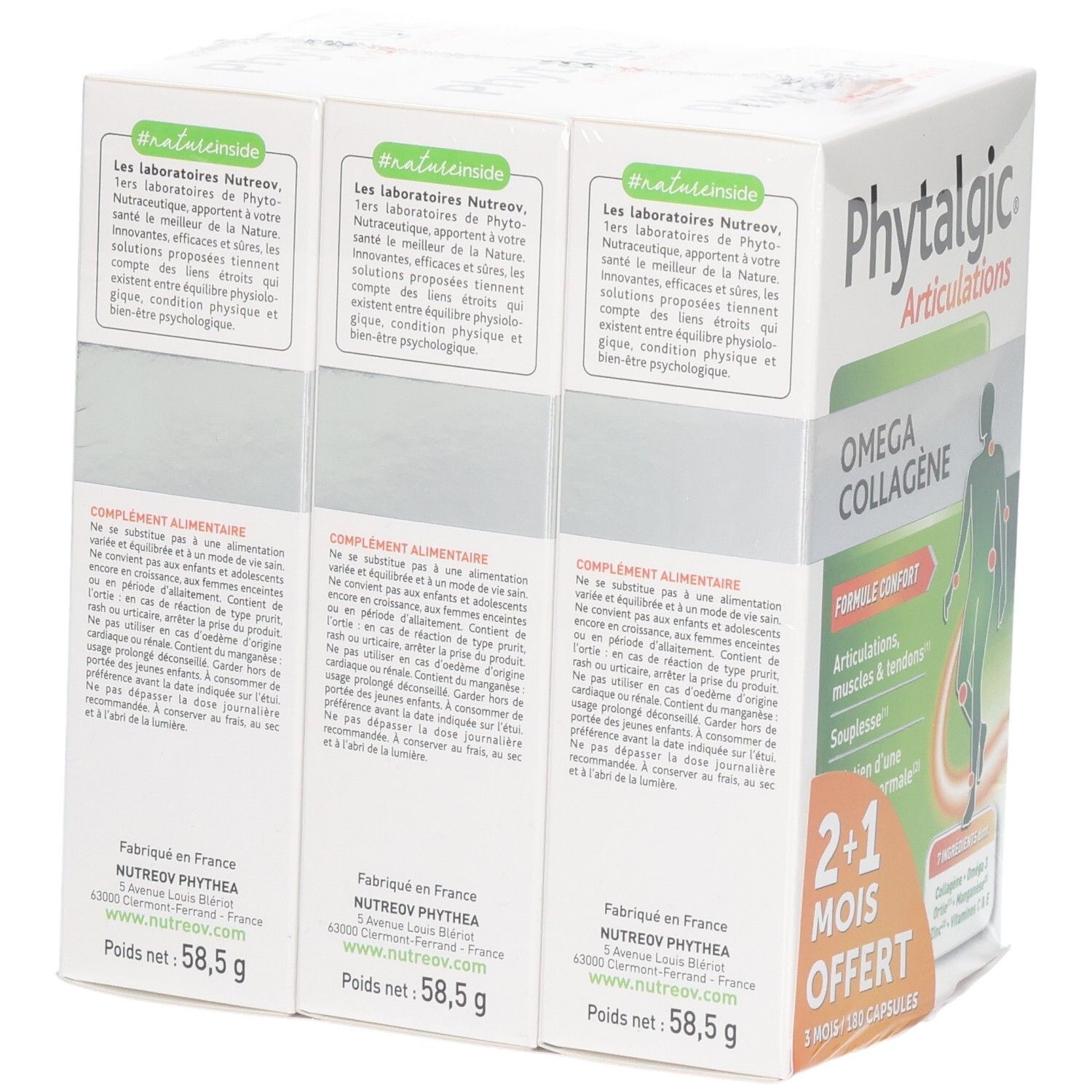 Vue arrière du Tripack Phytalgic Omega Collagène avec informations détaillées et valeurs nutritionnelles.