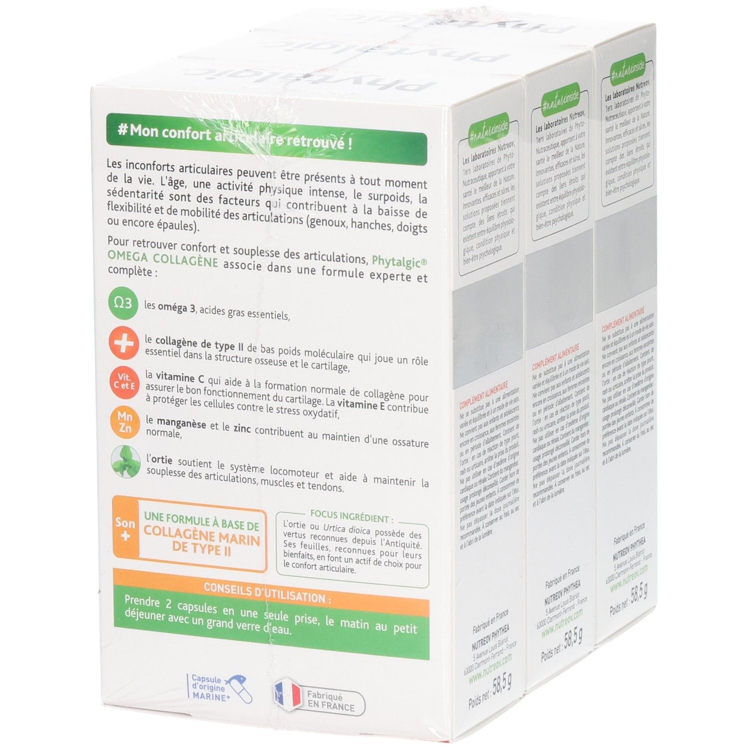 Vue latérale du Tripack Phytalgic Omega Collagène, mettant en avant les ingrédients et les conseils d'utilisation.