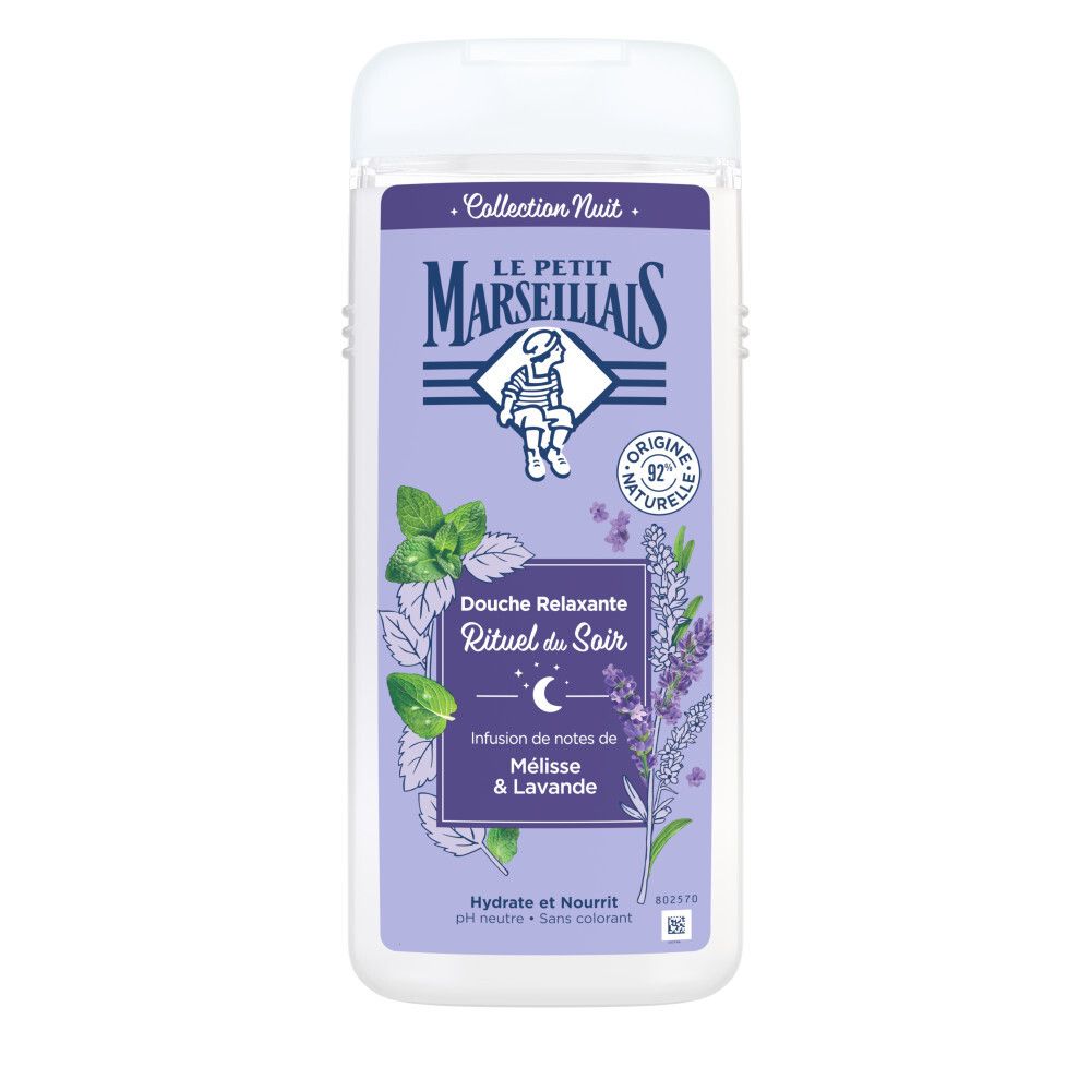 Crème de douche à la lavande et mélisse, décorée de plantes et de fleurs.