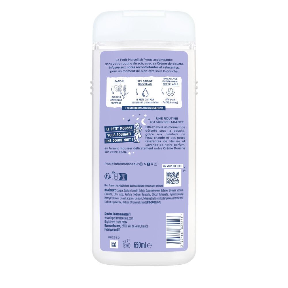 Arrière d'une bouteille de crème de douche avec informations sur les ingrédients et le recyclage.