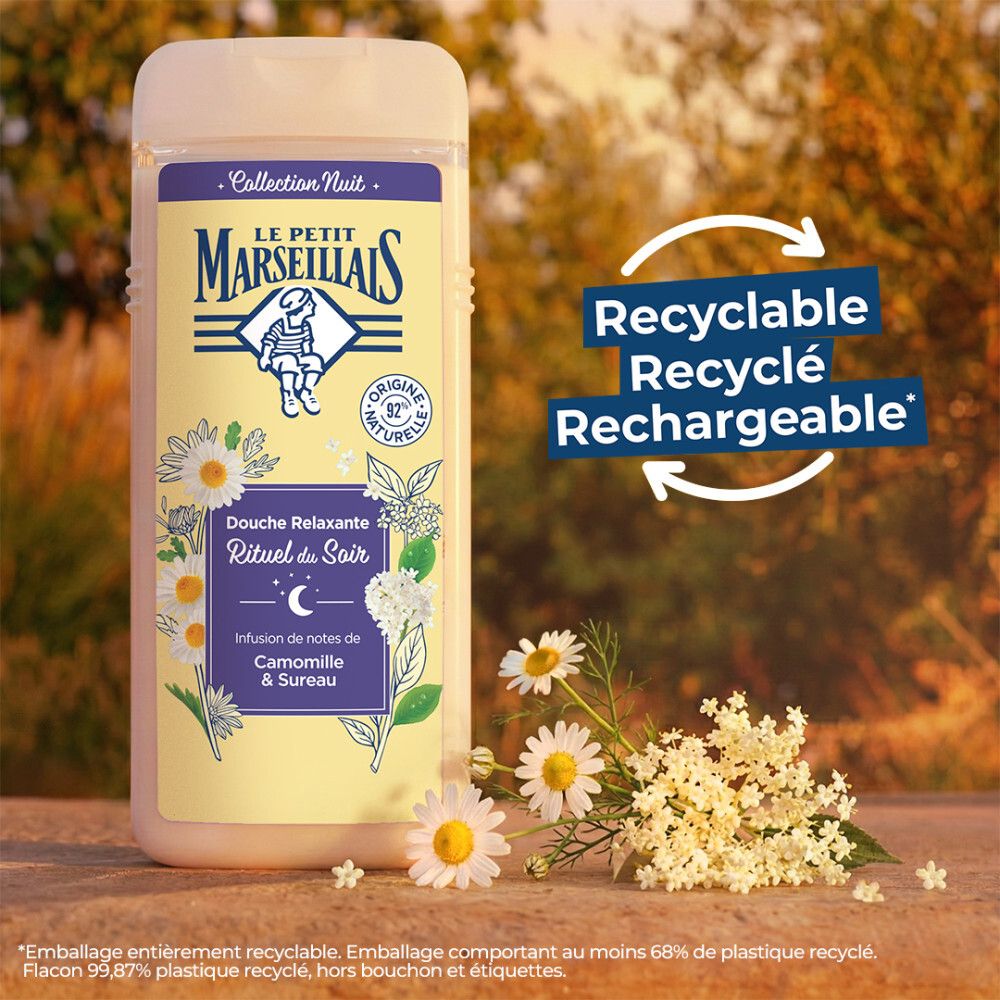 Crème de douche Camomille & Sureau, mention recyclage.