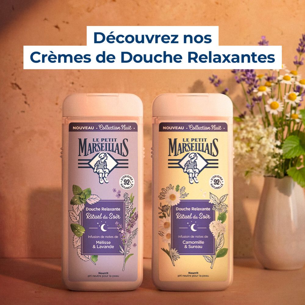 Deux crèmes de douche : Camomille & Sureau et Mélisse & Lavande.