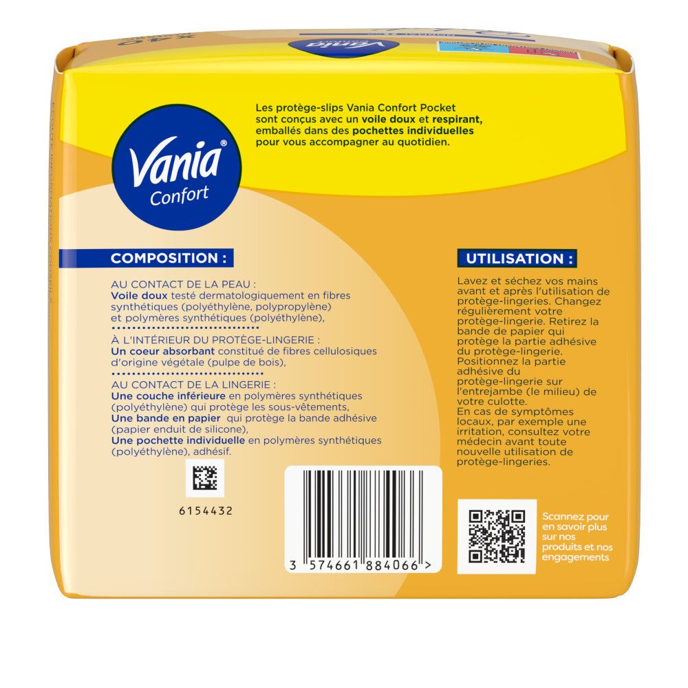 Arrière du paquet de protège-slips Vania Confort Pocket avec informations produit et instructions.