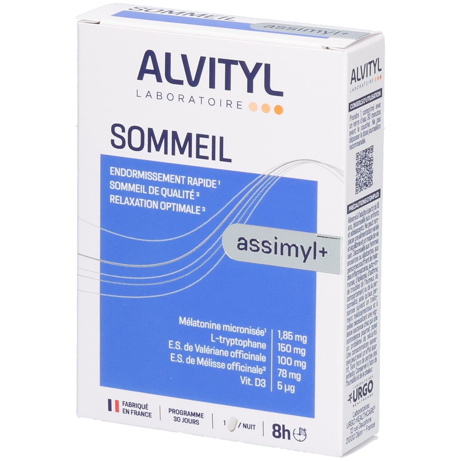 Emballage Alvityl Assimyl+ Sommeil avec informations sur les ingrédients et l'utilisation.