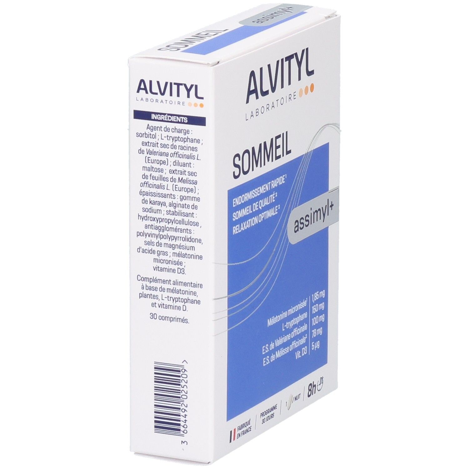 Arrière de l'emballage Alvityl Assimyl+ Sommeil avec liste des ingrédients et code-barres.