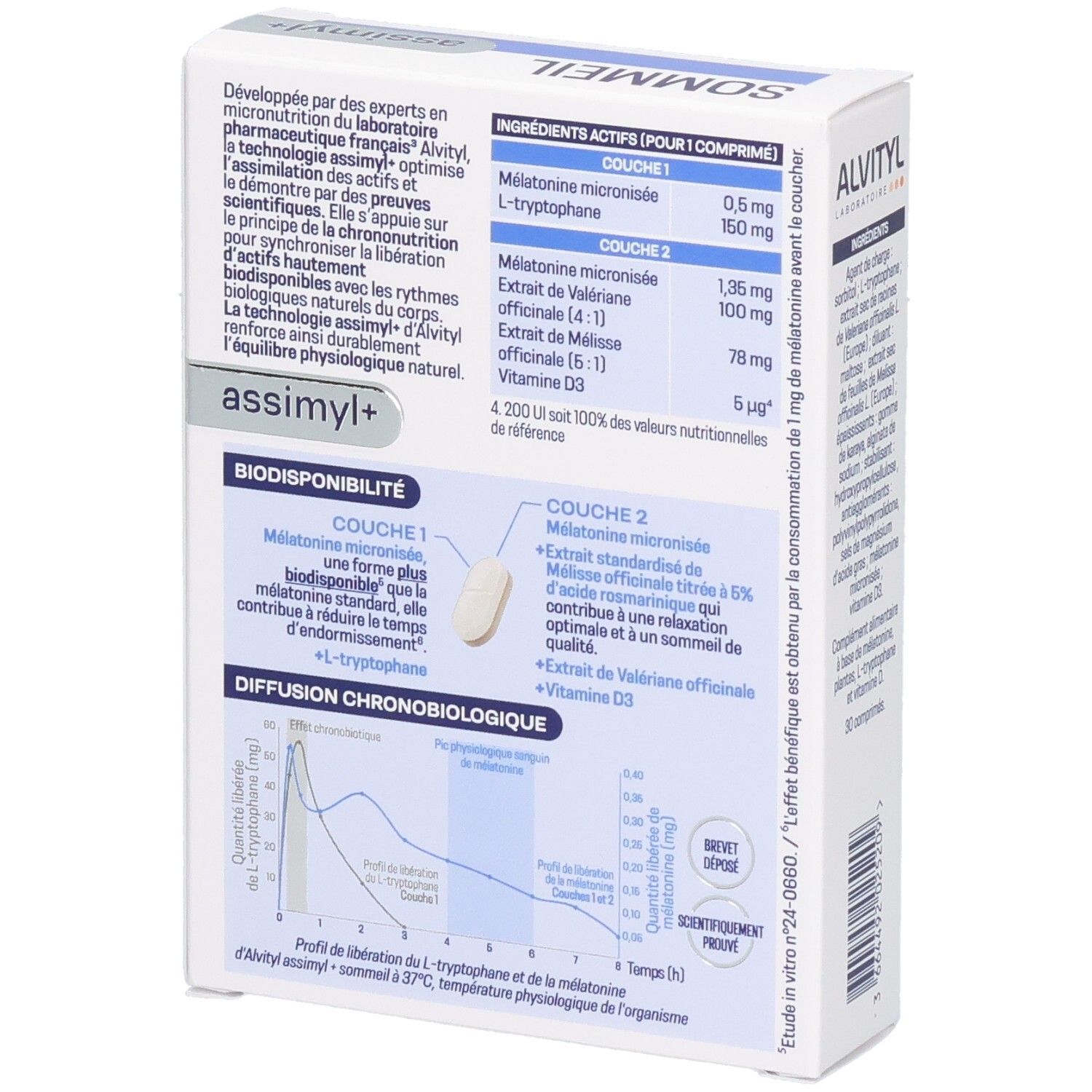 Emballage Alvityl Assimyl+ Sommeil avec détails sur la biodisponibilité et la libération chronobiologique.