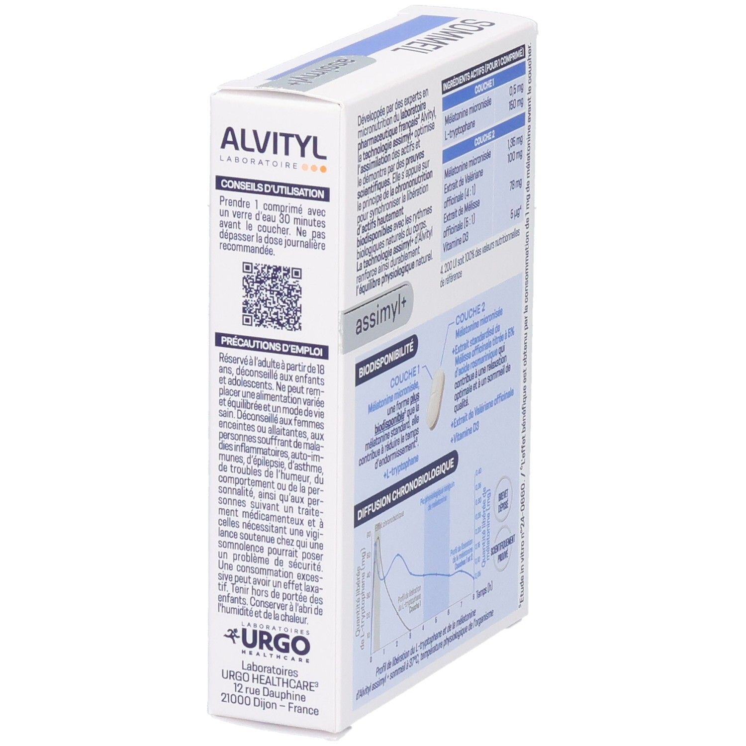 Côté de l'emballage Alvityl Assimyl+ Sommeil avec conseils d'utilisation et précautions.