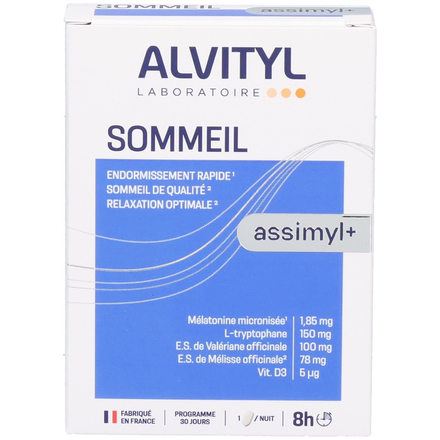 Face avant de l'emballage Alvityl Assimyl+ Sommeil avec nom du produit et bénéfices principaux.