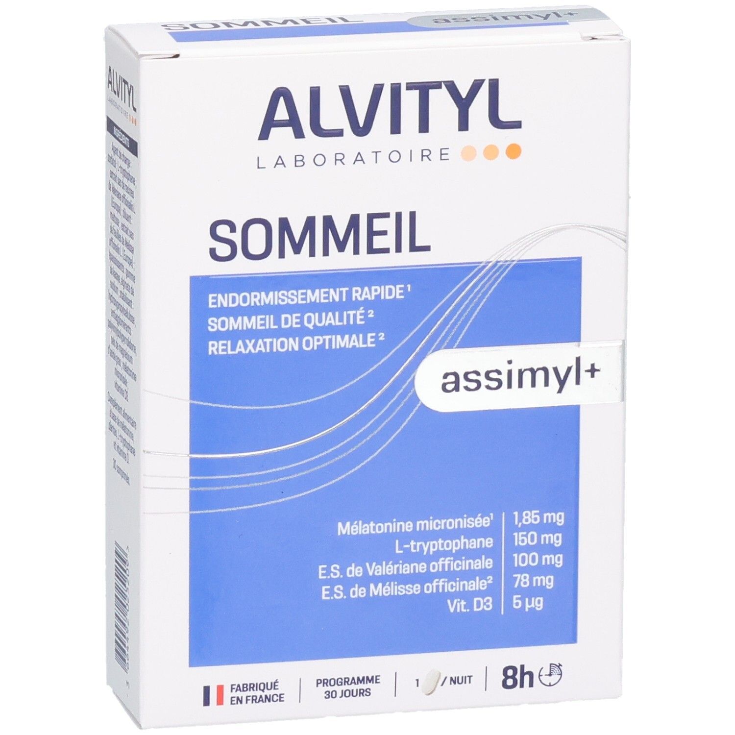 Emballage Alvityl Assimyl+ Sommeil avec détails sur la mélatonine, le L-tryptophane et les extraits de plantes.