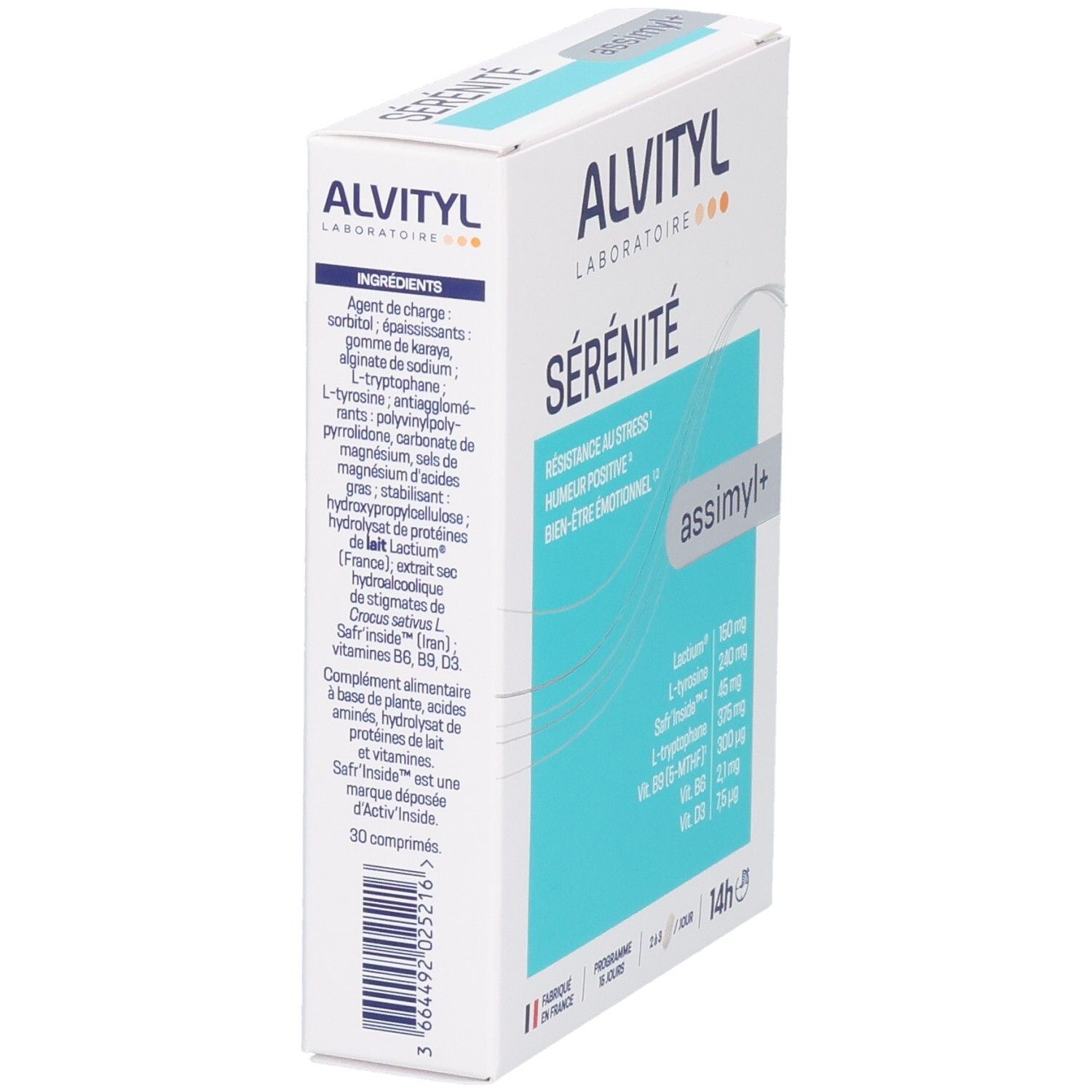 Boîte ALVITYL assimyl+ Sérénité, vue latérale avec liste des ingrédients.
