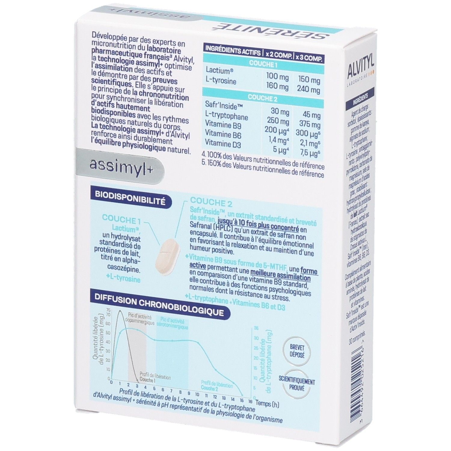 Boîte ALVITYL assimyl+ Sérénité, verso avec informations produit détaillées et biodisponibilité.