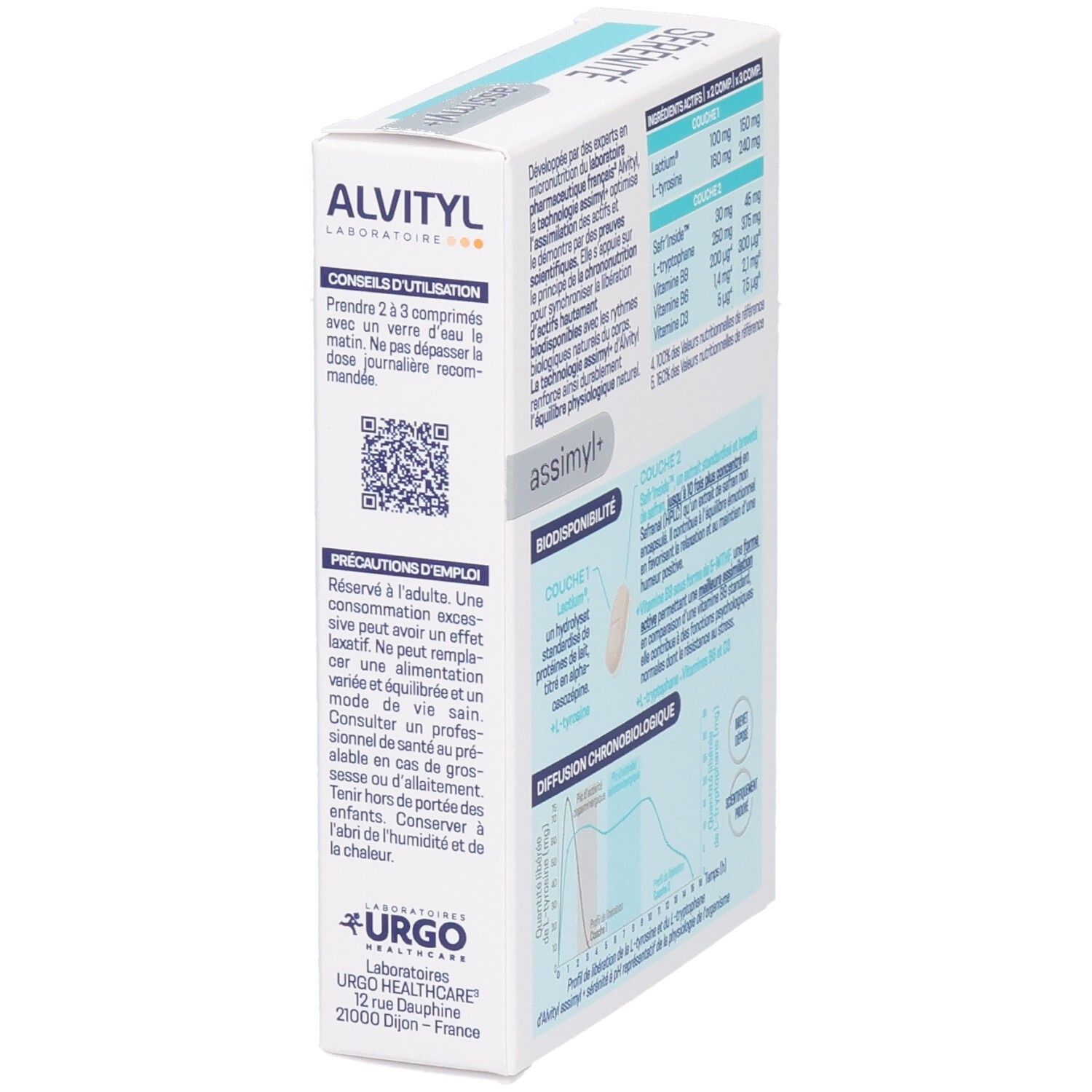 Boîte ALVITYL assimyl+ Sérénité, vue latérale avec conseils d'utilisation et précautions.