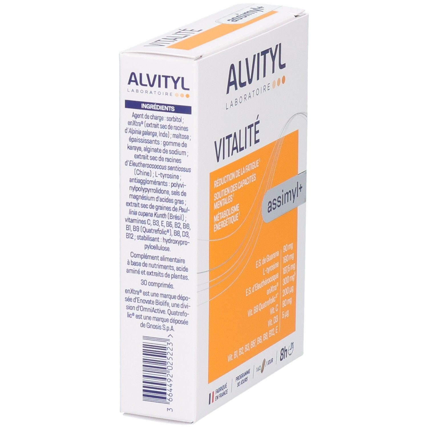 Arrière de la boîte ALVITYL Vitalité avec ingrédients et instructions.