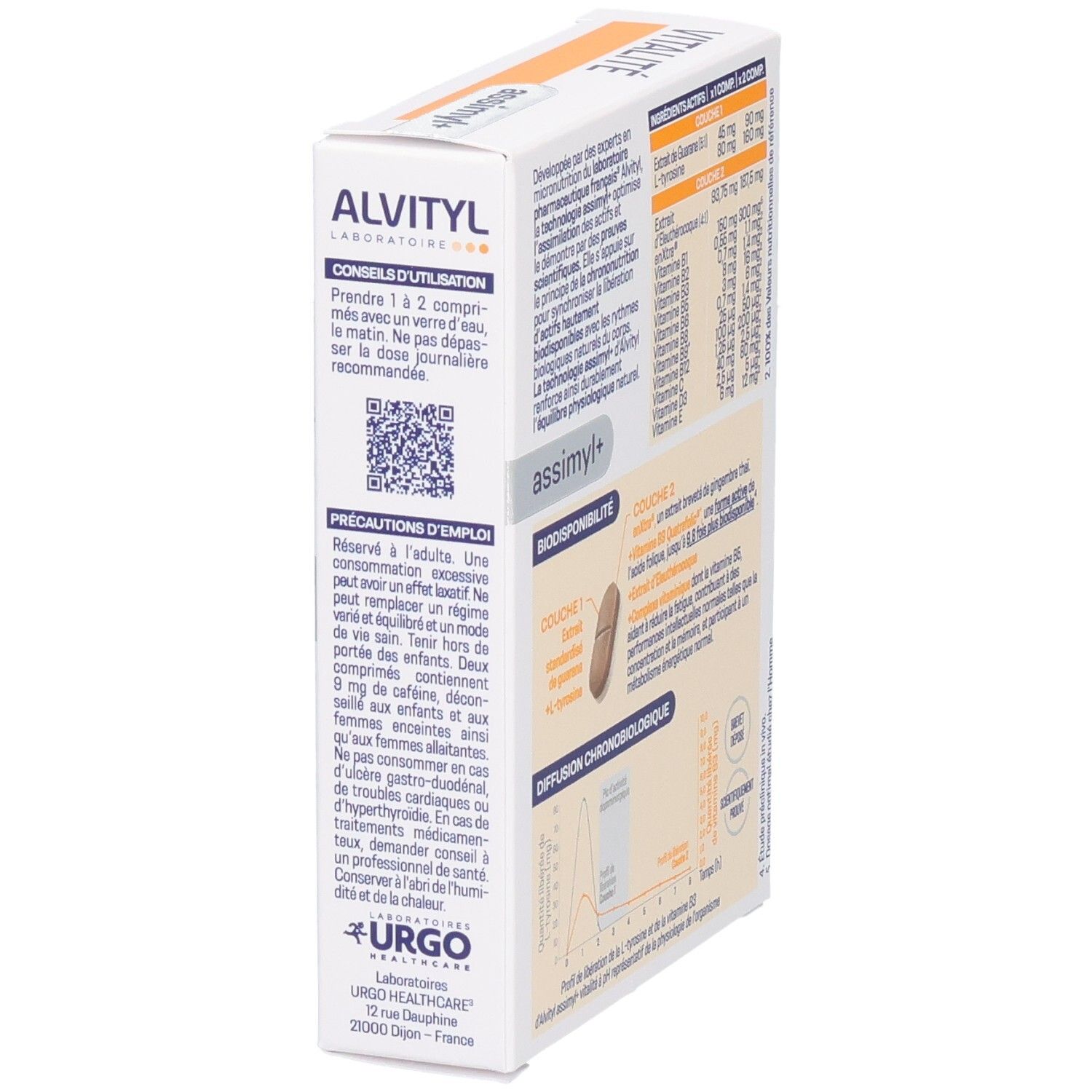 Côté de la boîte ALVITYL Vitalité avec conseils d'utilisation et avertissements.