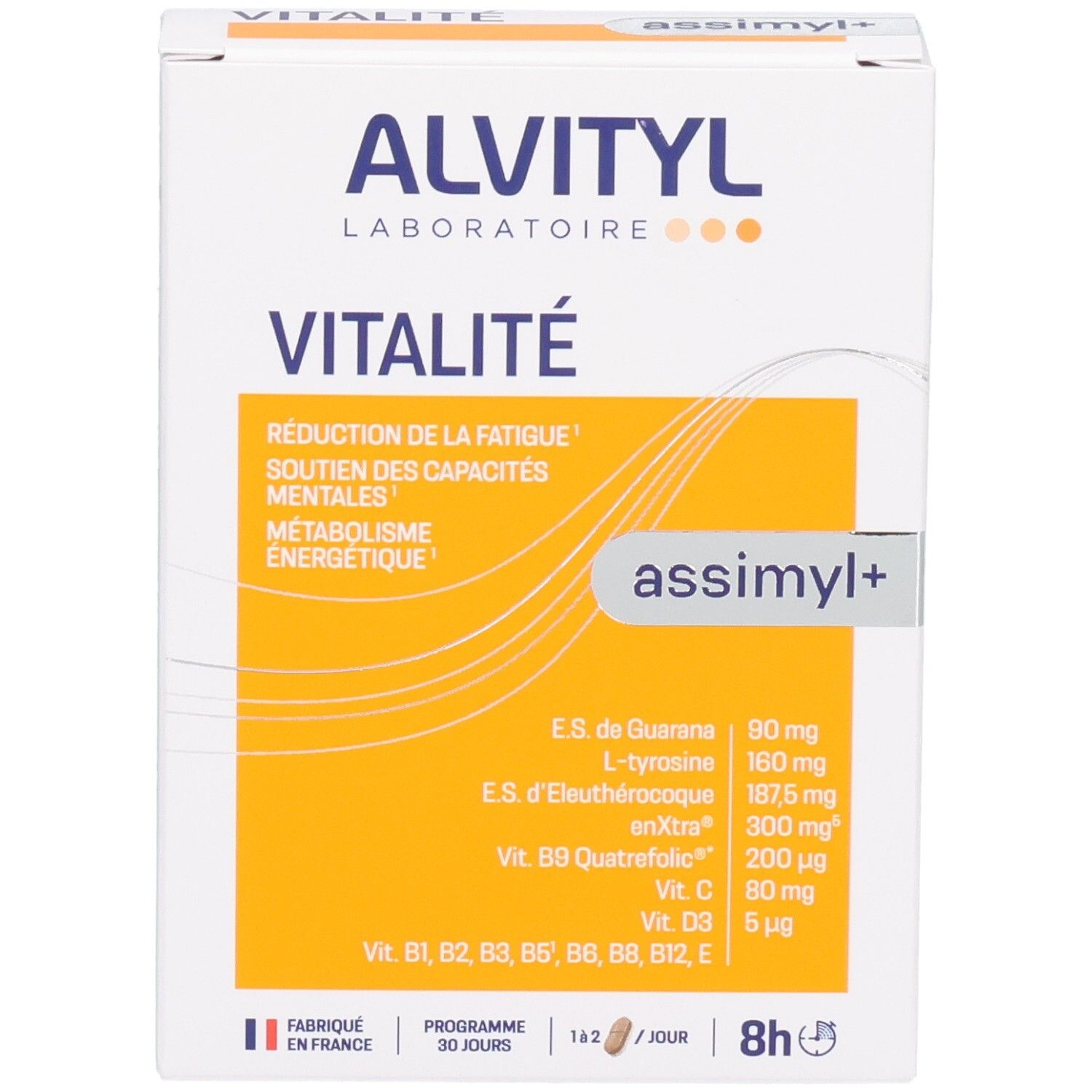 Face avant de la boîte ALVITYL Vitalité avec caractéristiques du produit et ingrédients.