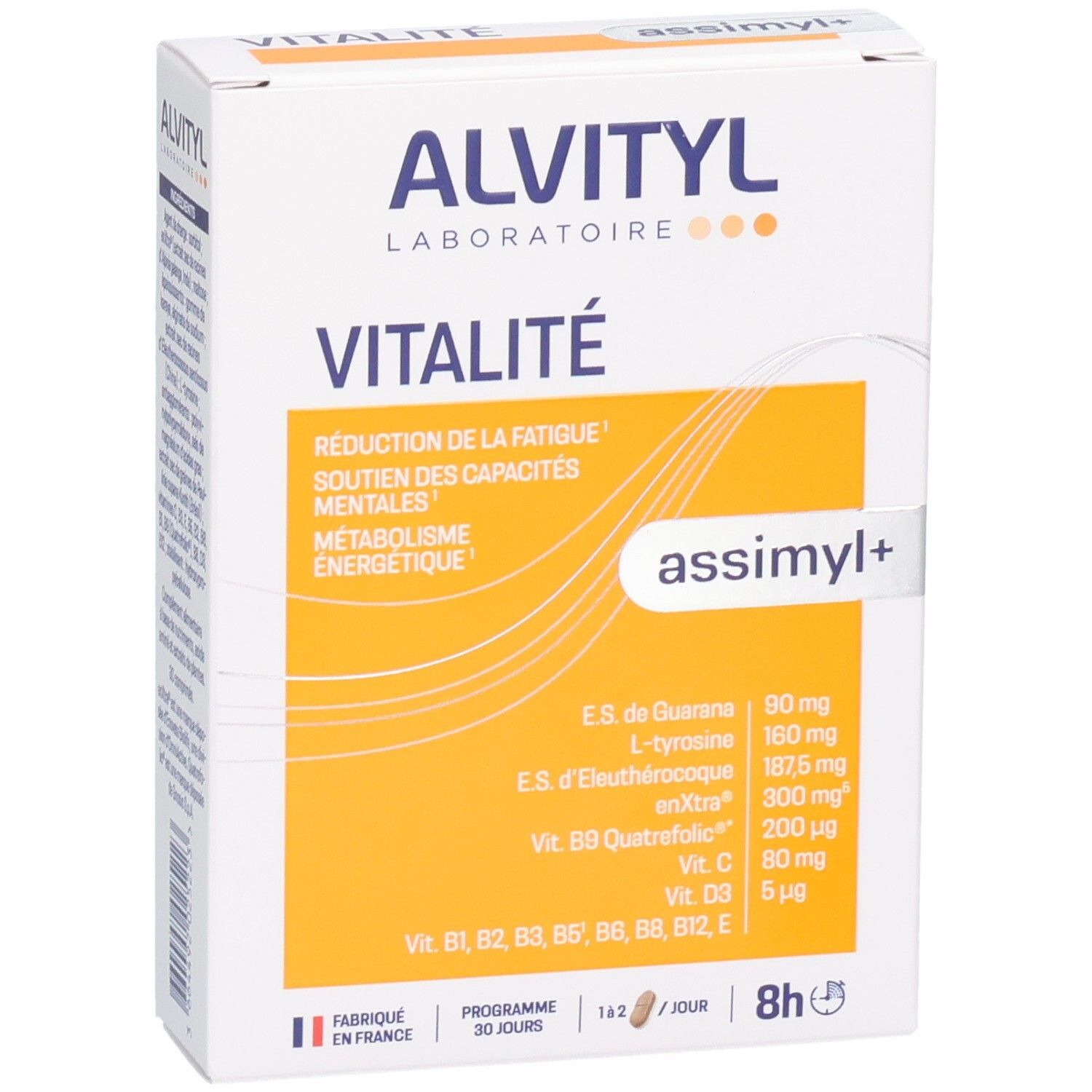 Boîte de ALVITYL Vitalité, montre la composition pour l'énergie et les capacités mentales.