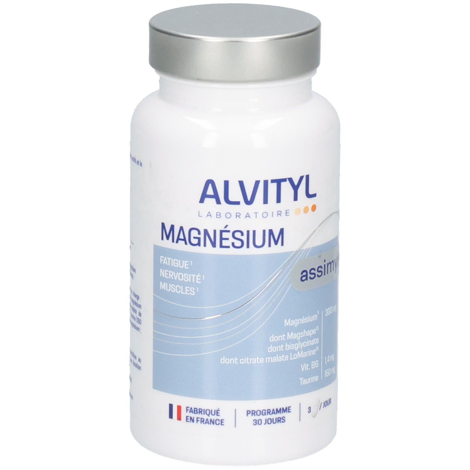 Flacon de Magnésium ALVITYL avec bouchon argenté. Mentionne fatigue, nervosité et muscles.