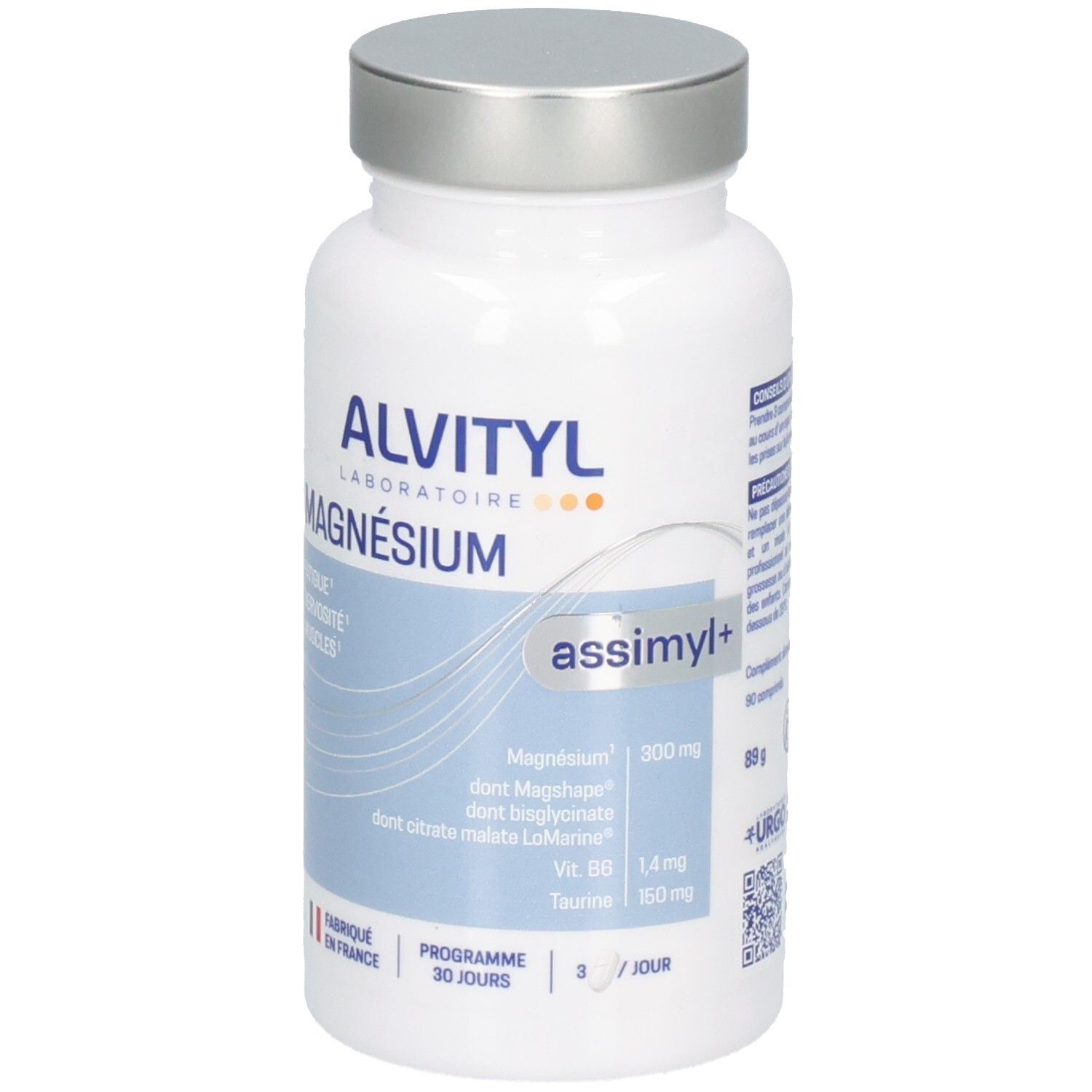 Flacon de Magnésium ALVITYL avec bouchon argenté. Vue de face avec détails sur magnésium, vitamine B6 et taurine.