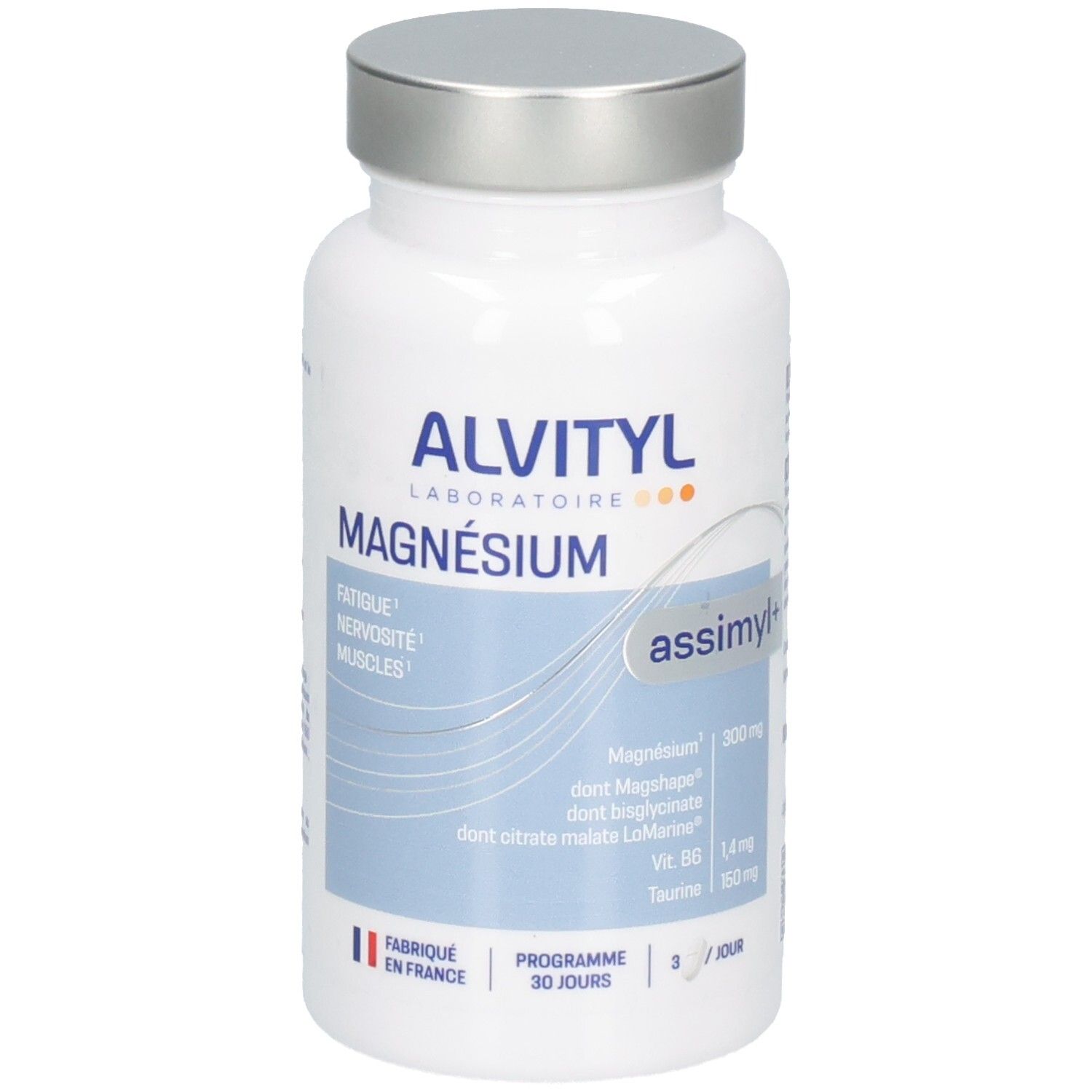 Flacon de Magnésium ALVITYL, vue de face. Indique 'Fabriqué en France' et 'Programme 30 Jours'.